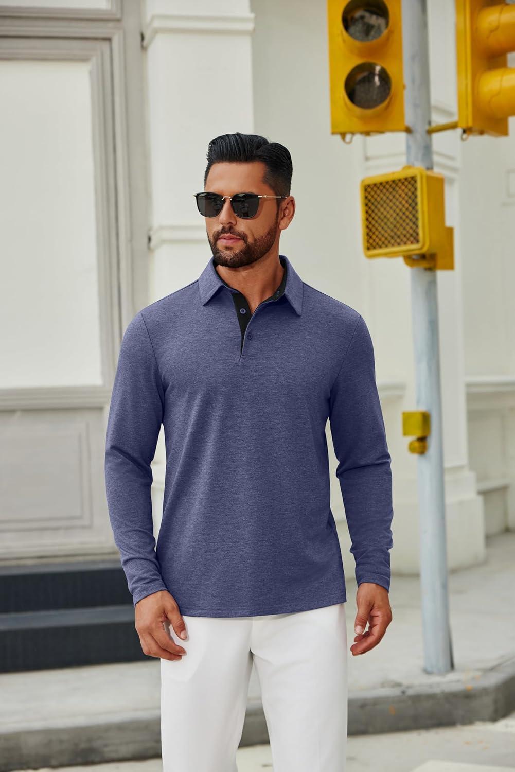 imageCOOFANDY Mens Long Sleeve Polo Shirts Button Casual Tee Collared Work Pullover ShirtsNavy Blue