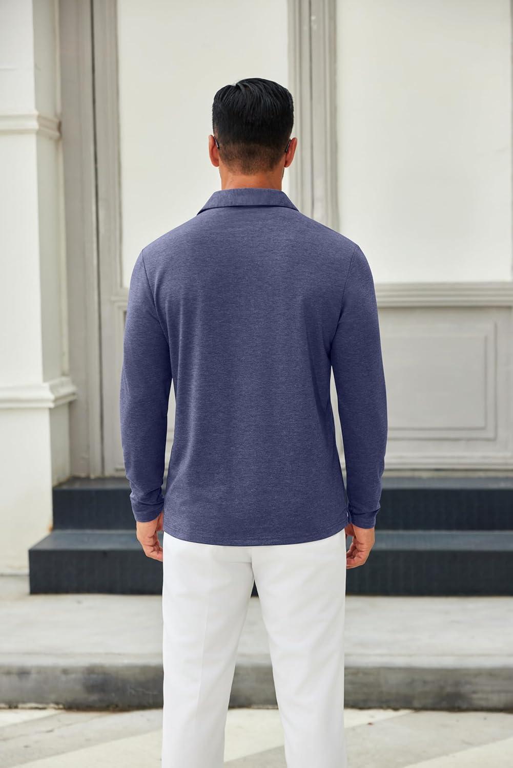 imageCOOFANDY Mens Long Sleeve Polo Shirts Button Casual Tee Collared Work Pullover ShirtsNavy Blue