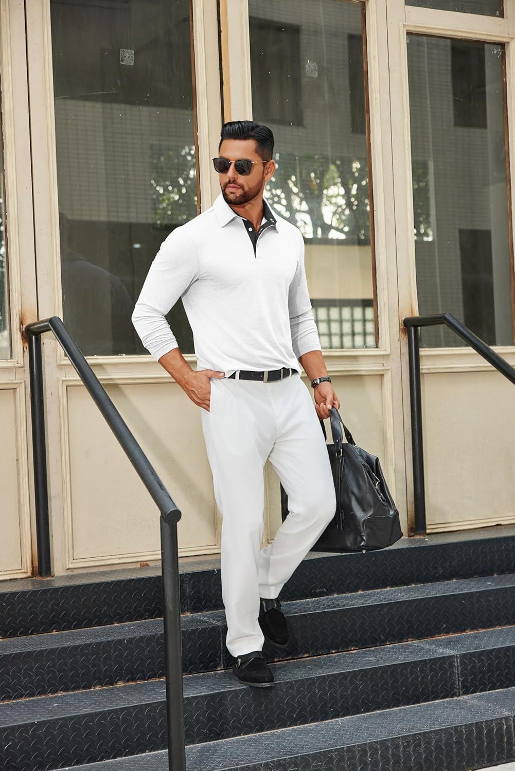 imageCOOFANDY Mens Long Sleeve Polo Shirts Button Casual Tee Collared Work Pullover ShirtsWhite