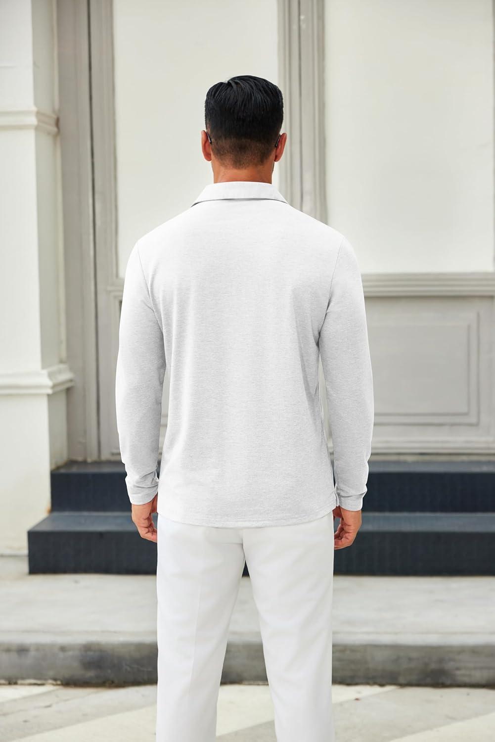 imageCOOFANDY Mens Long Sleeve Polo Shirts Button Casual Tee Collared Work Pullover ShirtsWhite