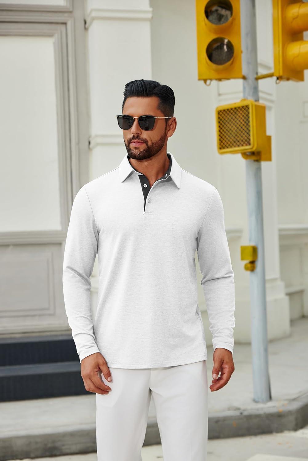imageCOOFANDY Mens Long Sleeve Polo Shirts Button Casual Tee Collared Work Pullover ShirtsWhite