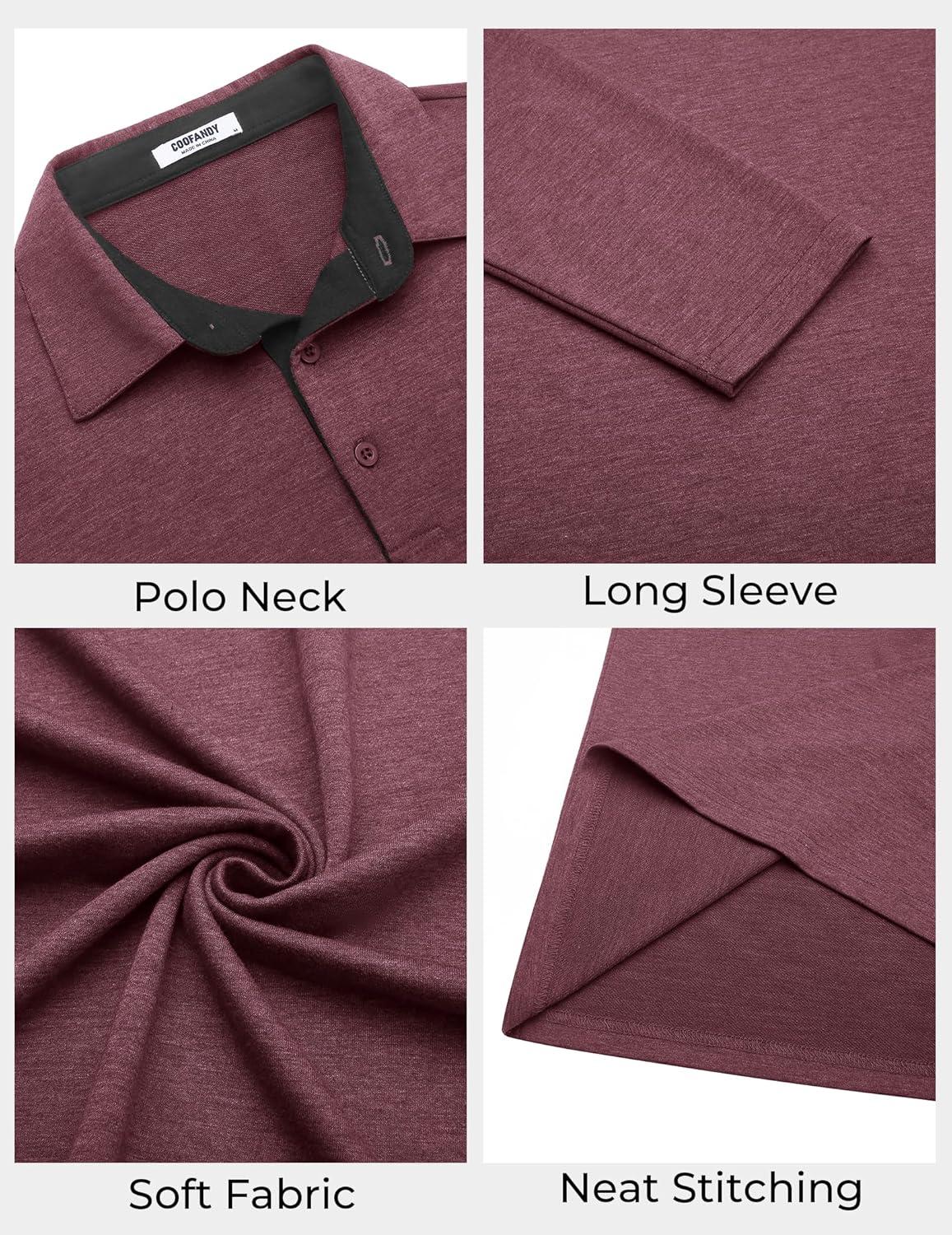 imageCOOFANDY Mens Long Sleeve Polo Shirts Button Casual Tee Collared Work Pullover ShirtsWine Red