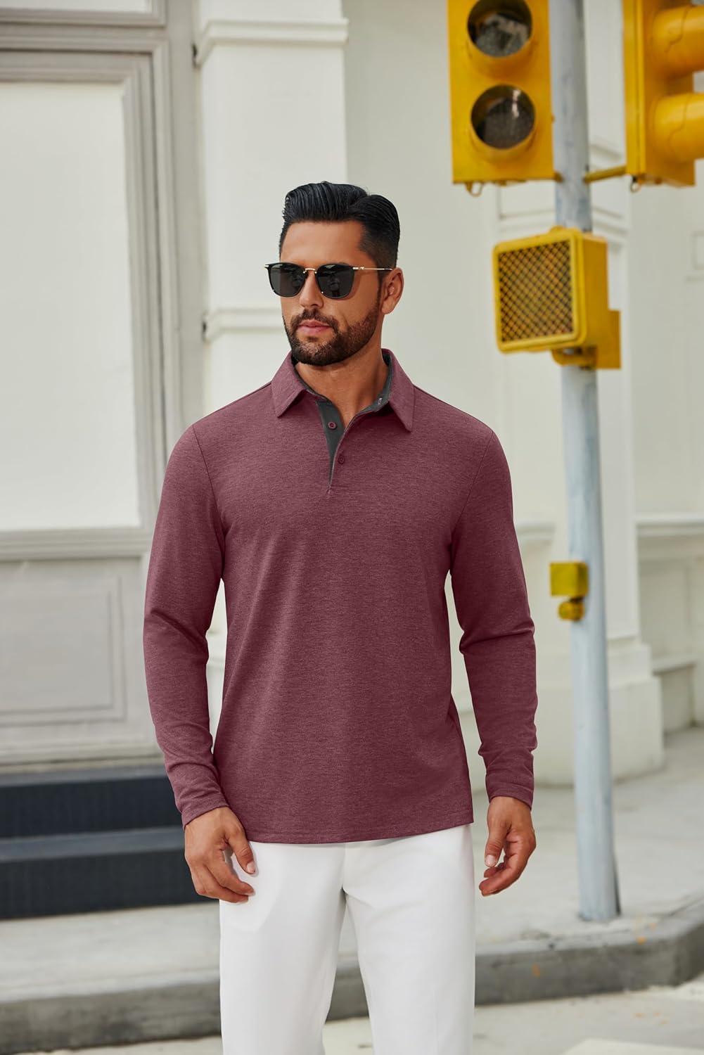 imageCOOFANDY Mens Long Sleeve Polo Shirts Button Casual Tee Collared Work Pullover ShirtsWine Red