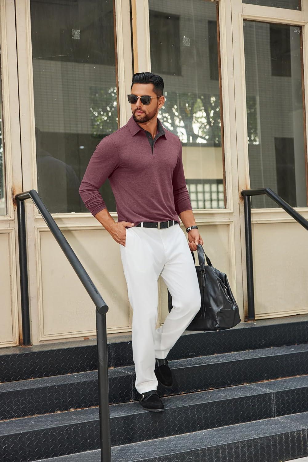 imageCOOFANDY Mens Long Sleeve Polo Shirts Button Casual Tee Collared Work Pullover ShirtsWine Red