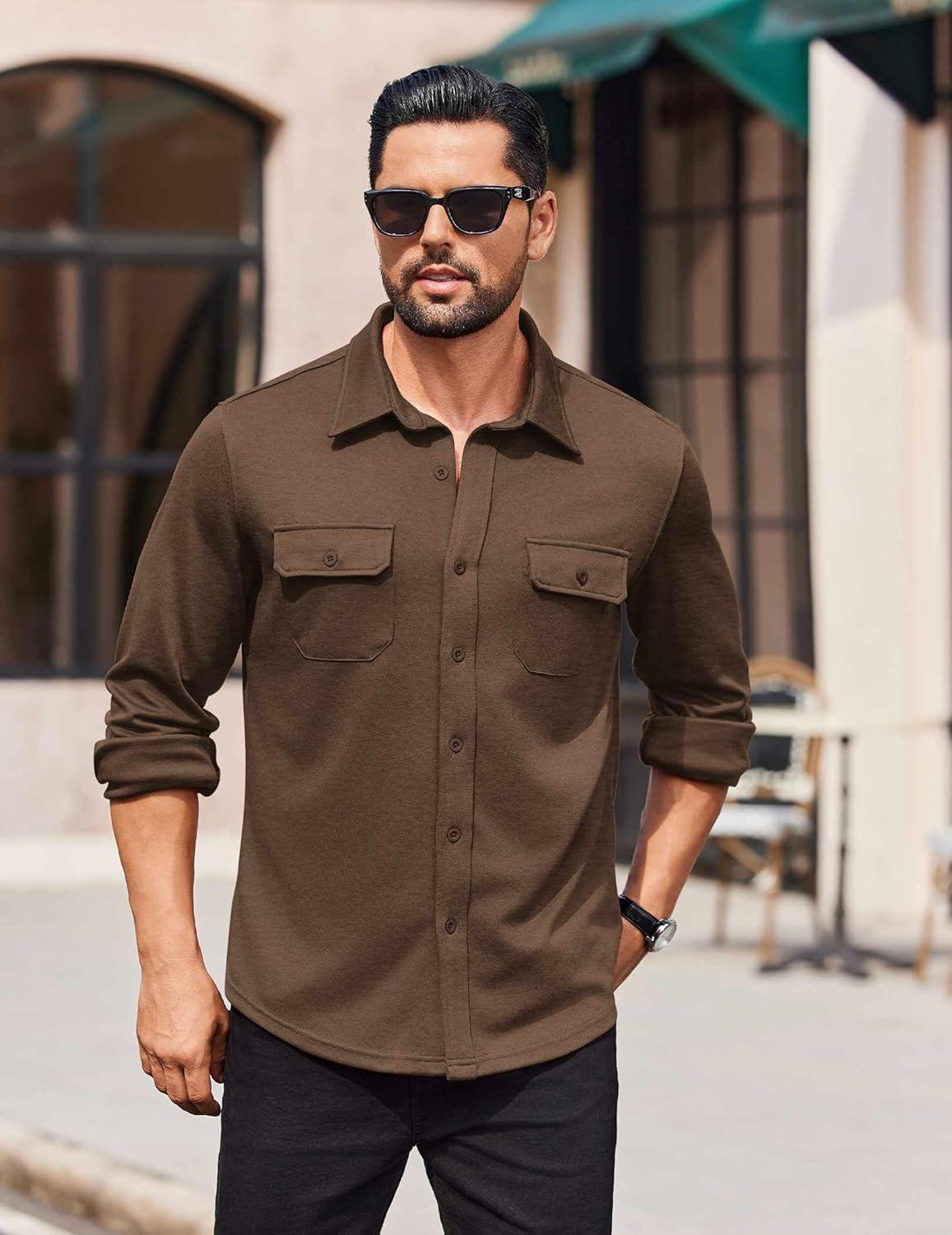 imageCOOFANDY Mens Long Sleeve Shirts Casual Button Down Shirt Wrinkle Free Dress Shirt with PocketBrown