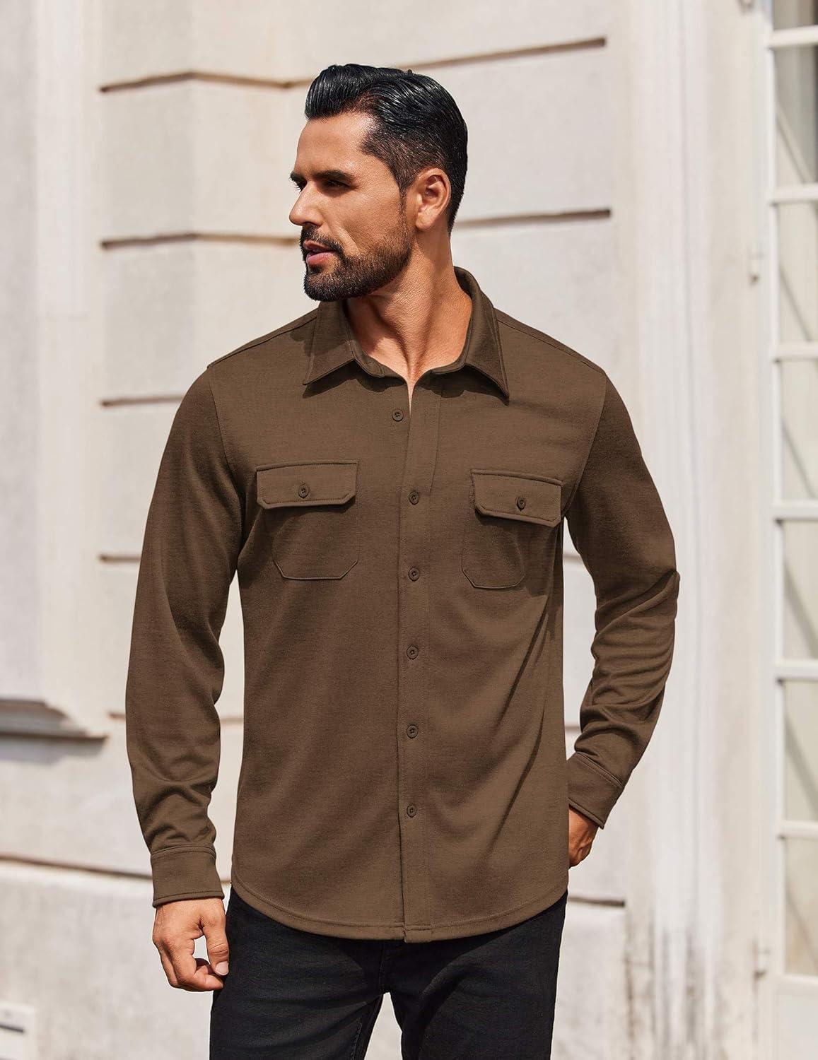 imageCOOFANDY Mens Long Sleeve Shirts Casual Button Down Shirt Wrinkle Free Dress Shirt with PocketBrown