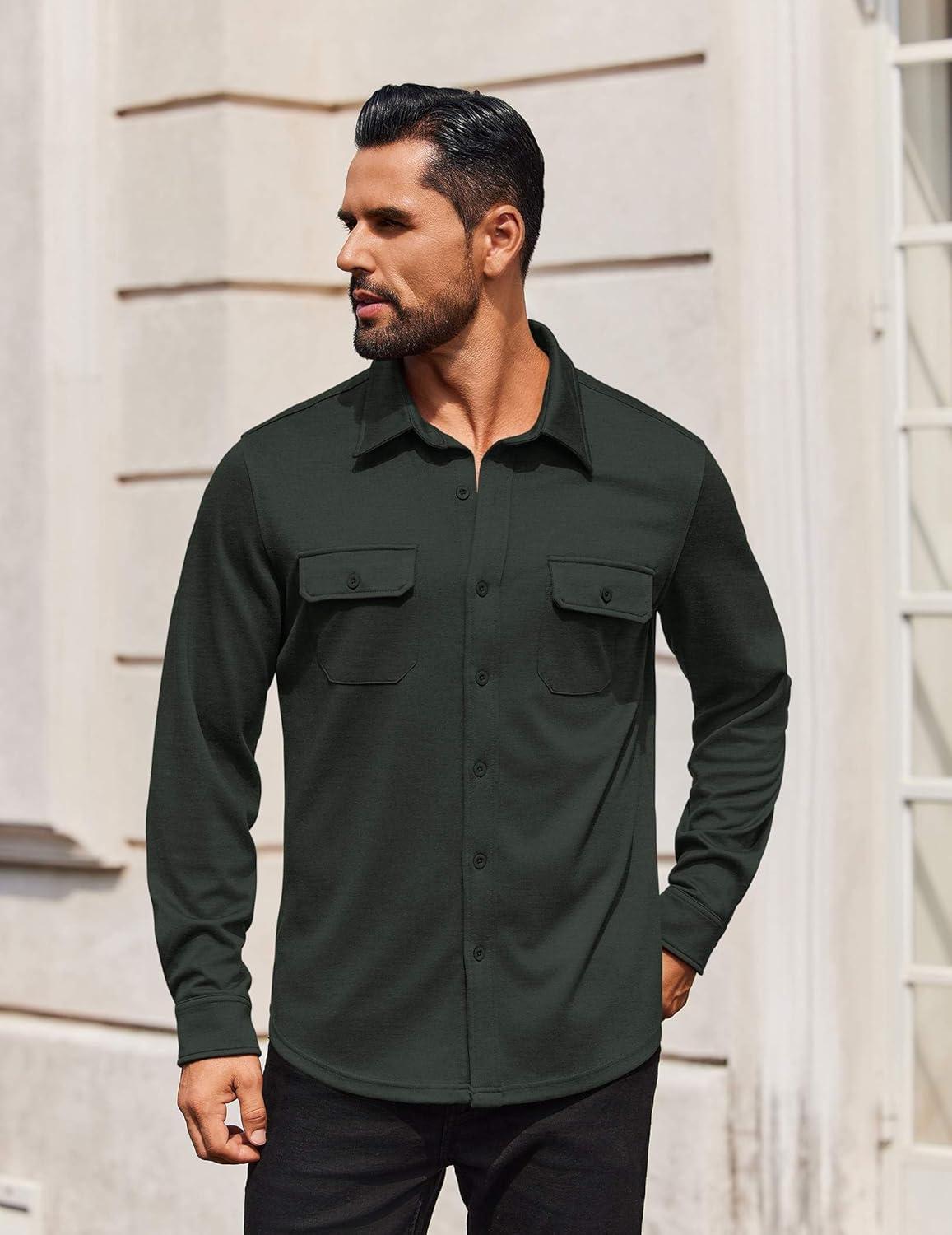 imageCOOFANDY Mens Long Sleeve Shirts Casual Button Down Shirt Wrinkle Free Dress Shirt with PocketDark Green