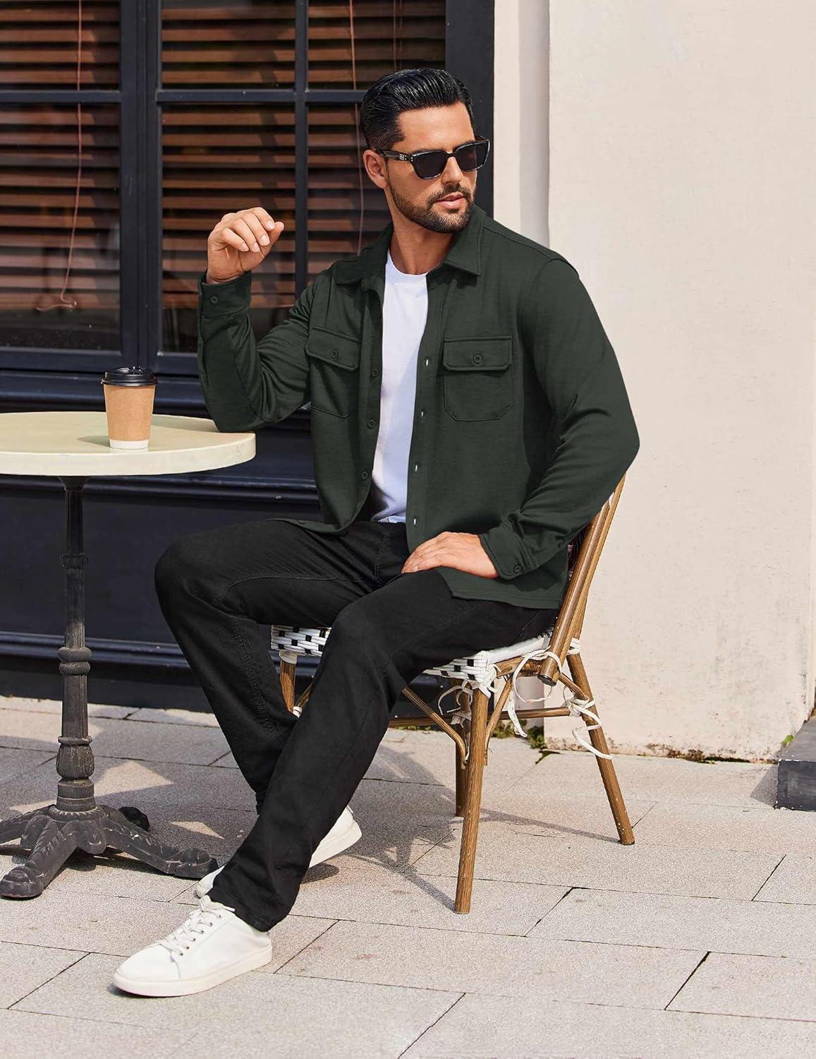 imageCOOFANDY Mens Long Sleeve Shirts Casual Button Down Shirt Wrinkle Free Dress Shirt with PocketDark Green