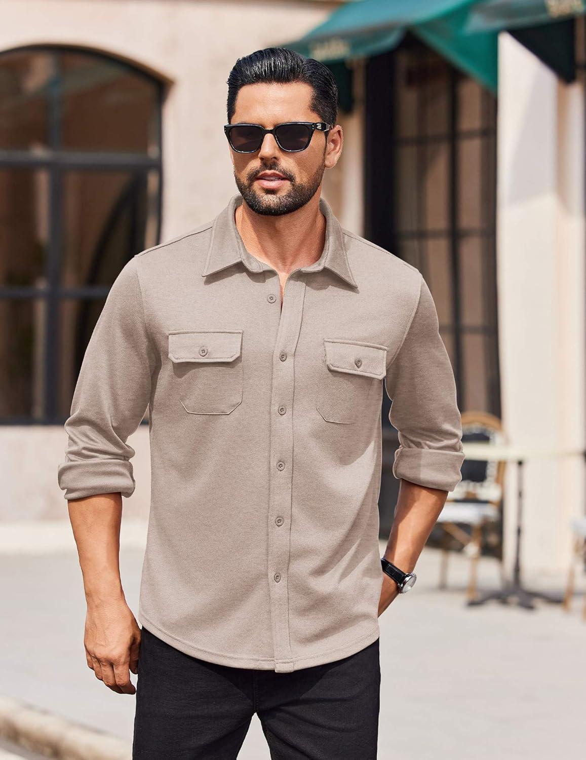 imageCOOFANDY Mens Long Sleeve Shirts Casual Button Down Shirt Wrinkle Free Dress Shirt with PocketKhaki