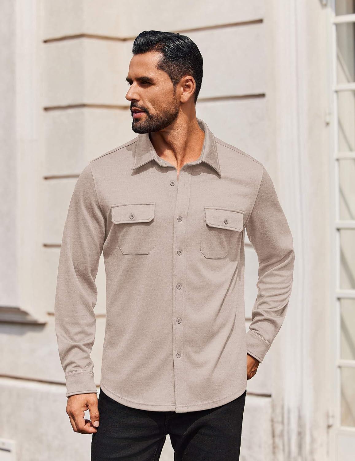 imageCOOFANDY Mens Long Sleeve Shirts Casual Button Down Shirt Wrinkle Free Dress Shirt with PocketKhaki