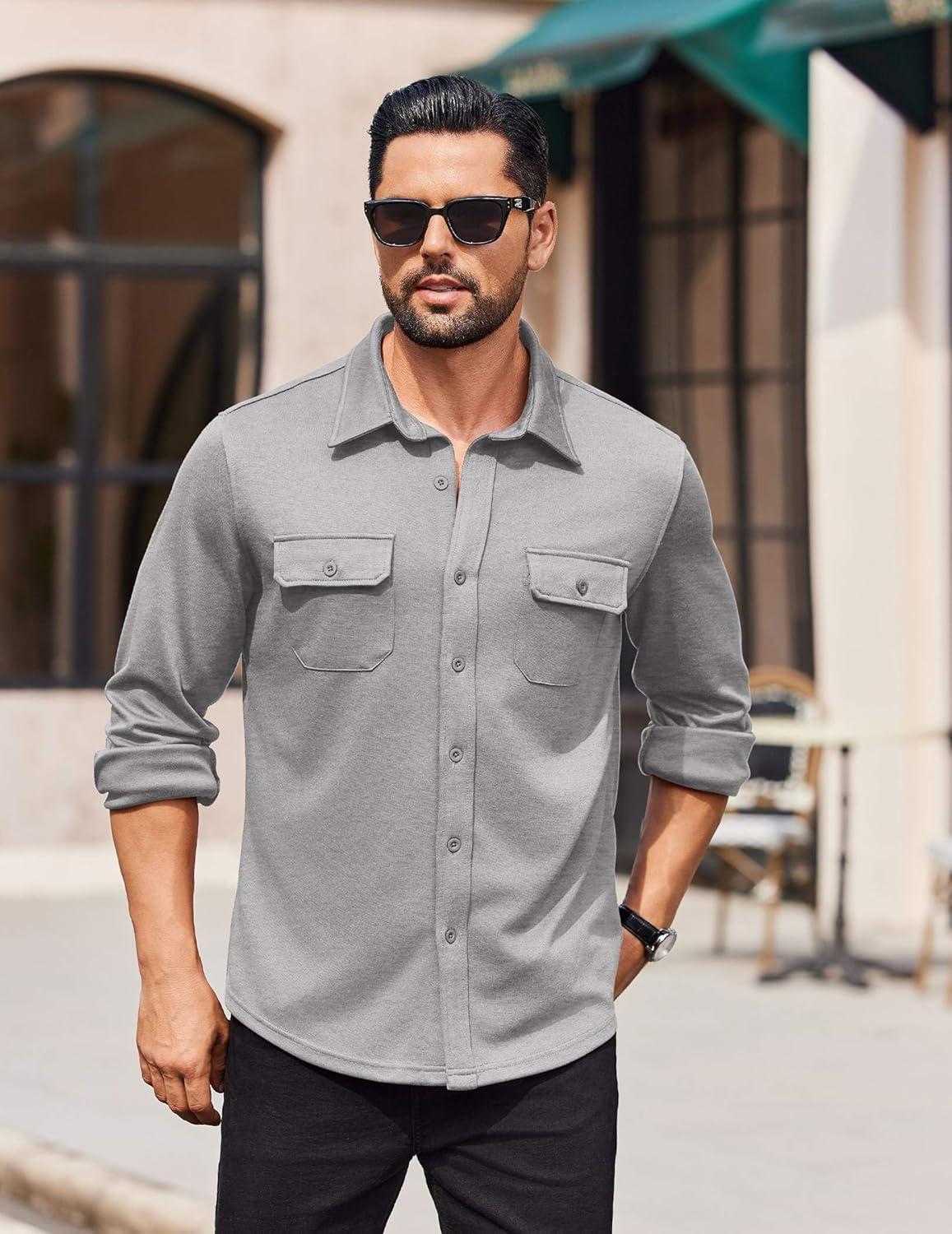 imageCOOFANDY Mens Long Sleeve Shirts Casual Button Down Shirt Wrinkle Free Dress Shirt with PocketLight Grey
