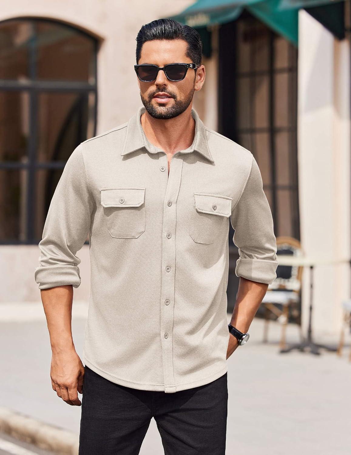 imageCOOFANDY Mens Long Sleeve Shirts Casual Button Down Shirt Wrinkle Free Dress Shirt with PocketLight Khaki