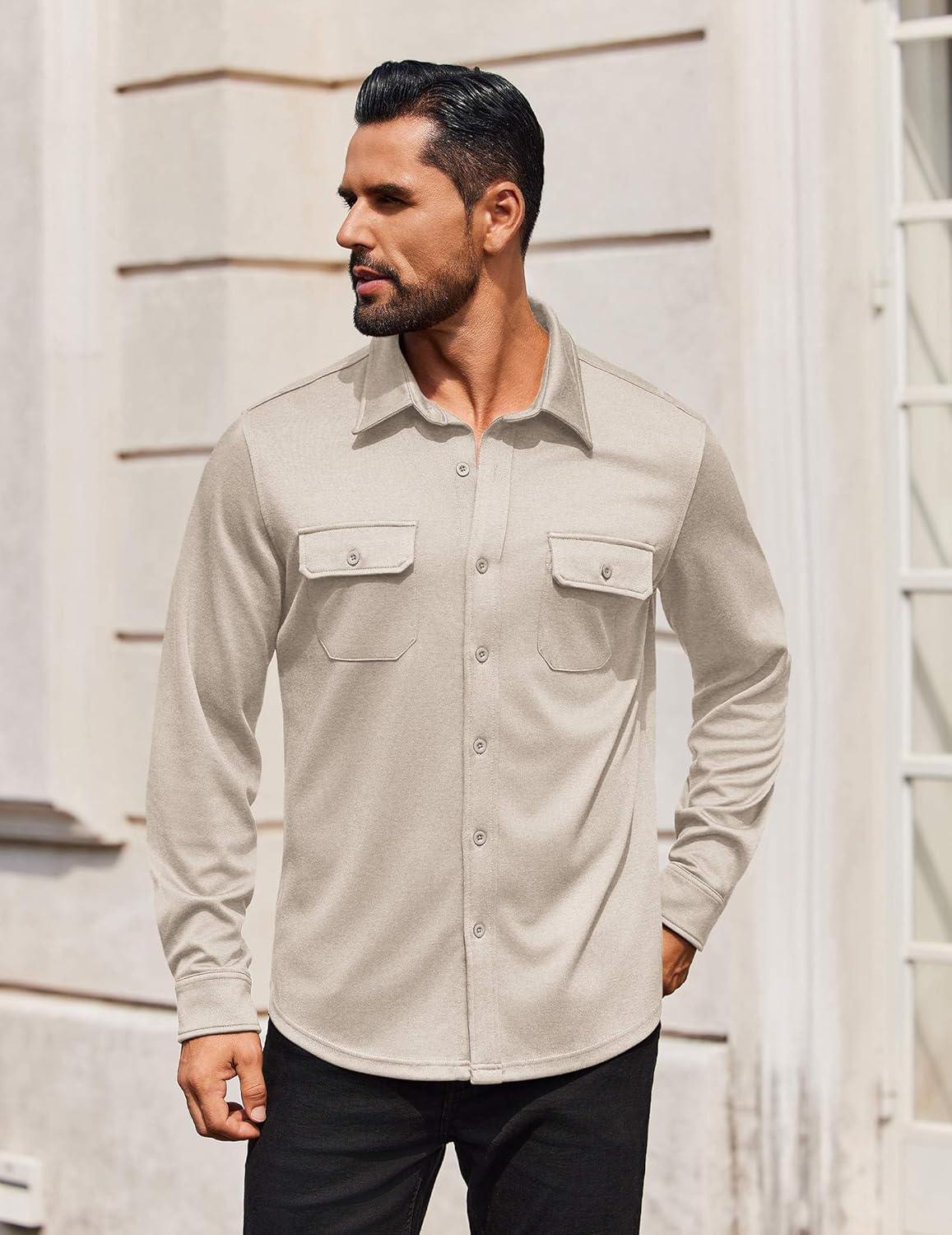 imageCOOFANDY Mens Long Sleeve Shirts Casual Button Down Shirt Wrinkle Free Dress Shirt with PocketLight Khaki