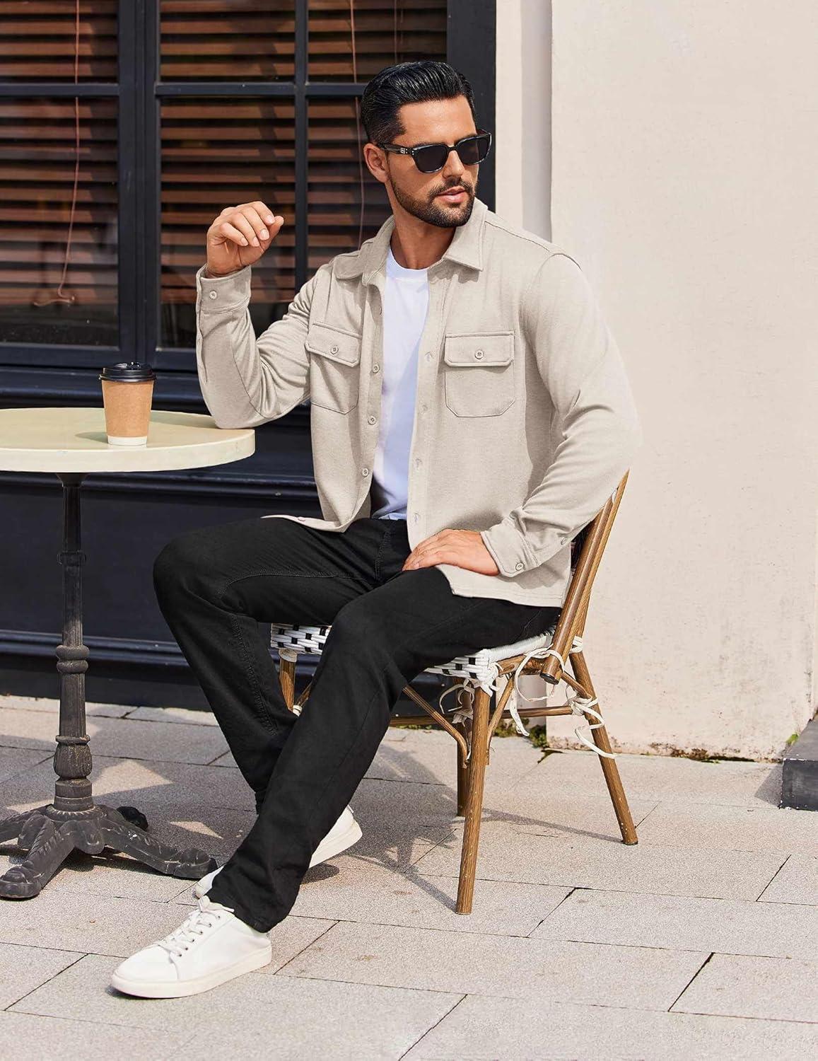 imageCOOFANDY Mens Long Sleeve Shirts Casual Button Down Shirt Wrinkle Free Dress Shirt with PocketLight Khaki