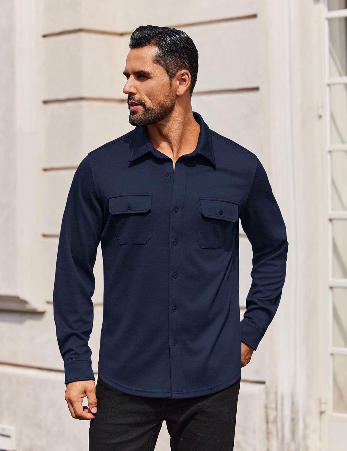 imageCOOFANDY Mens Long Sleeve Shirts Casual Button Down Shirt Wrinkle Free Dress Shirt with PocketNavy Blue