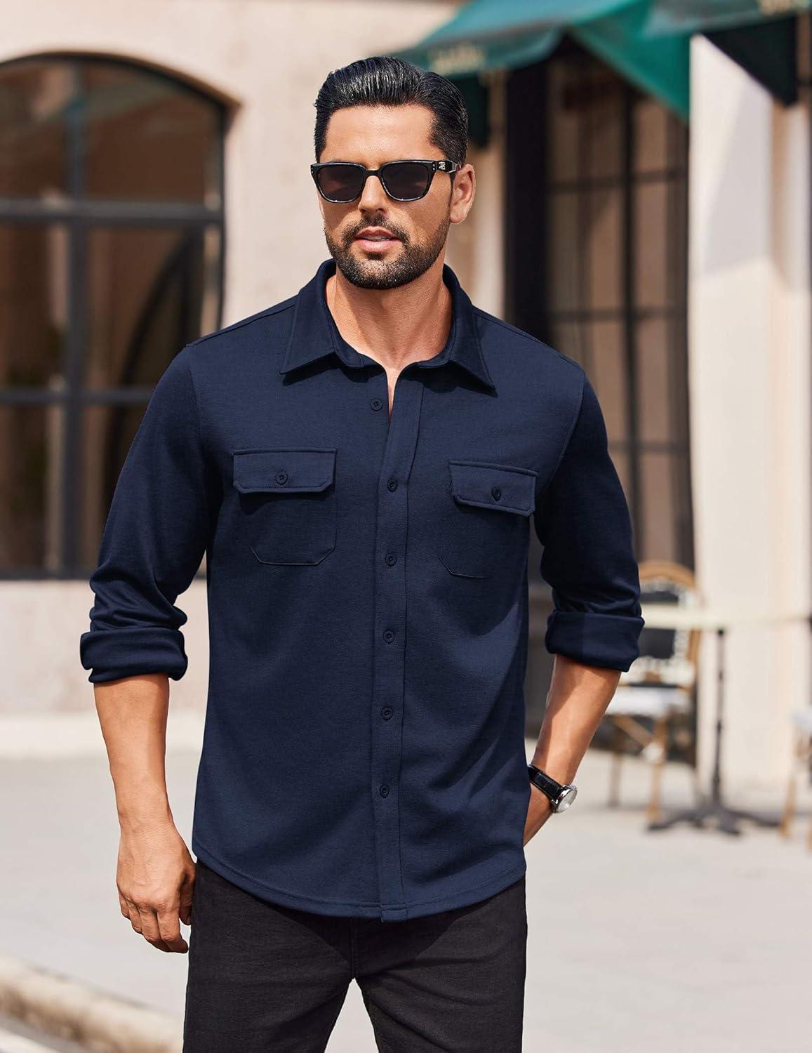 imageCOOFANDY Mens Long Sleeve Shirts Casual Button Down Shirt Wrinkle Free Dress Shirt with PocketNavy Blue