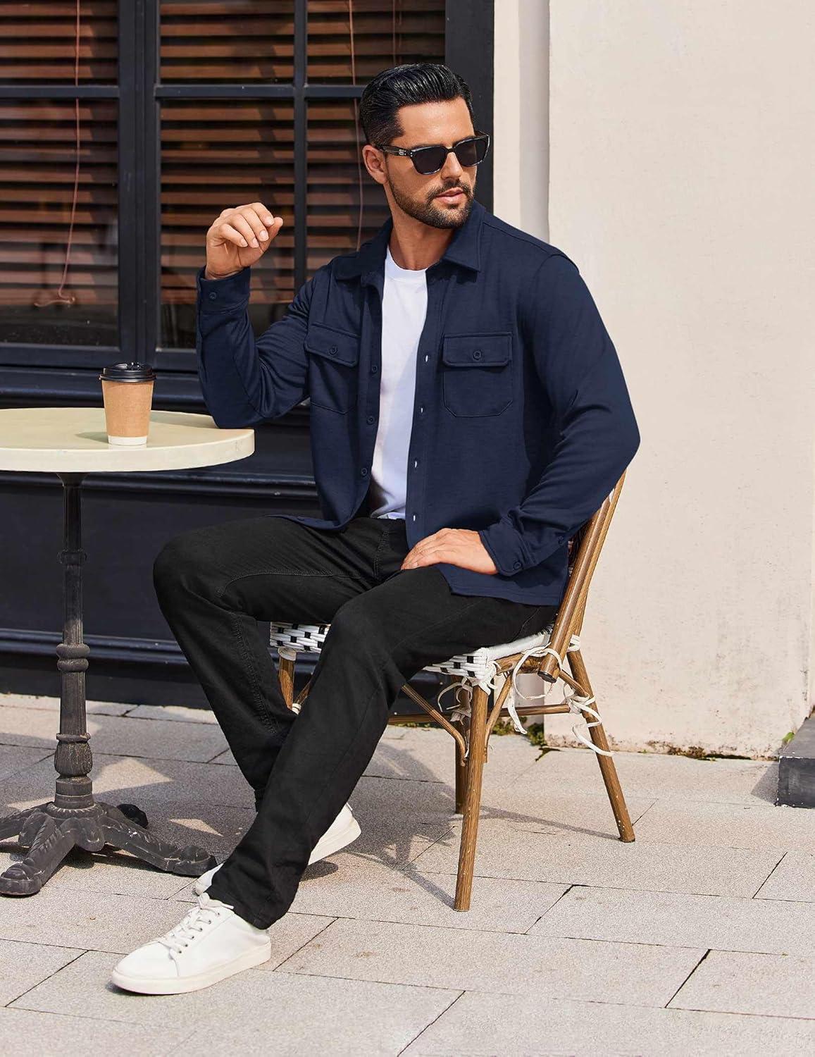imageCOOFANDY Mens Long Sleeve Shirts Casual Button Down Shirt Wrinkle Free Dress Shirt with PocketNavy Blue