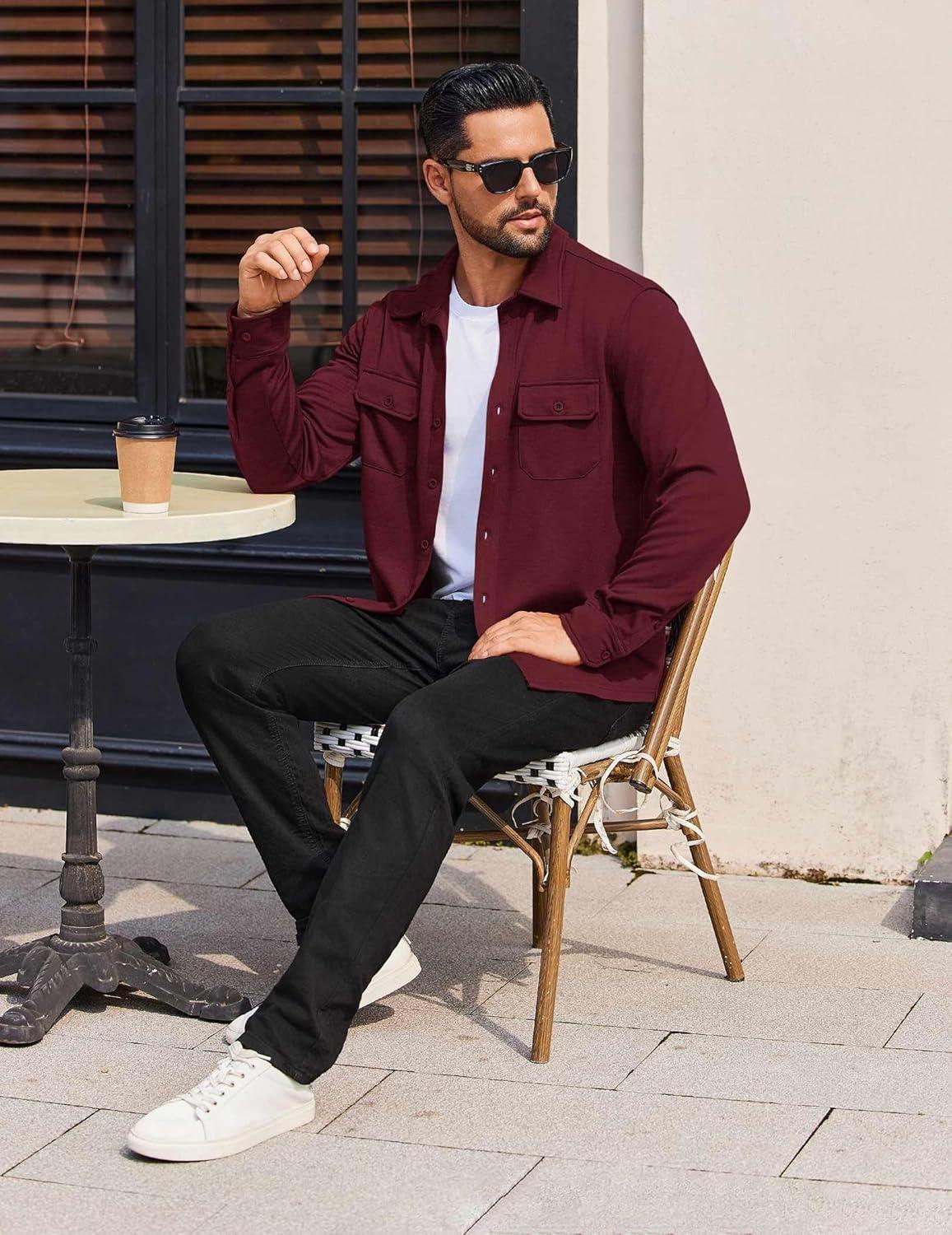 imageCOOFANDY Mens Long Sleeve Shirts Casual Button Down Shirt Wrinkle Free Dress Shirt with PocketWine Red