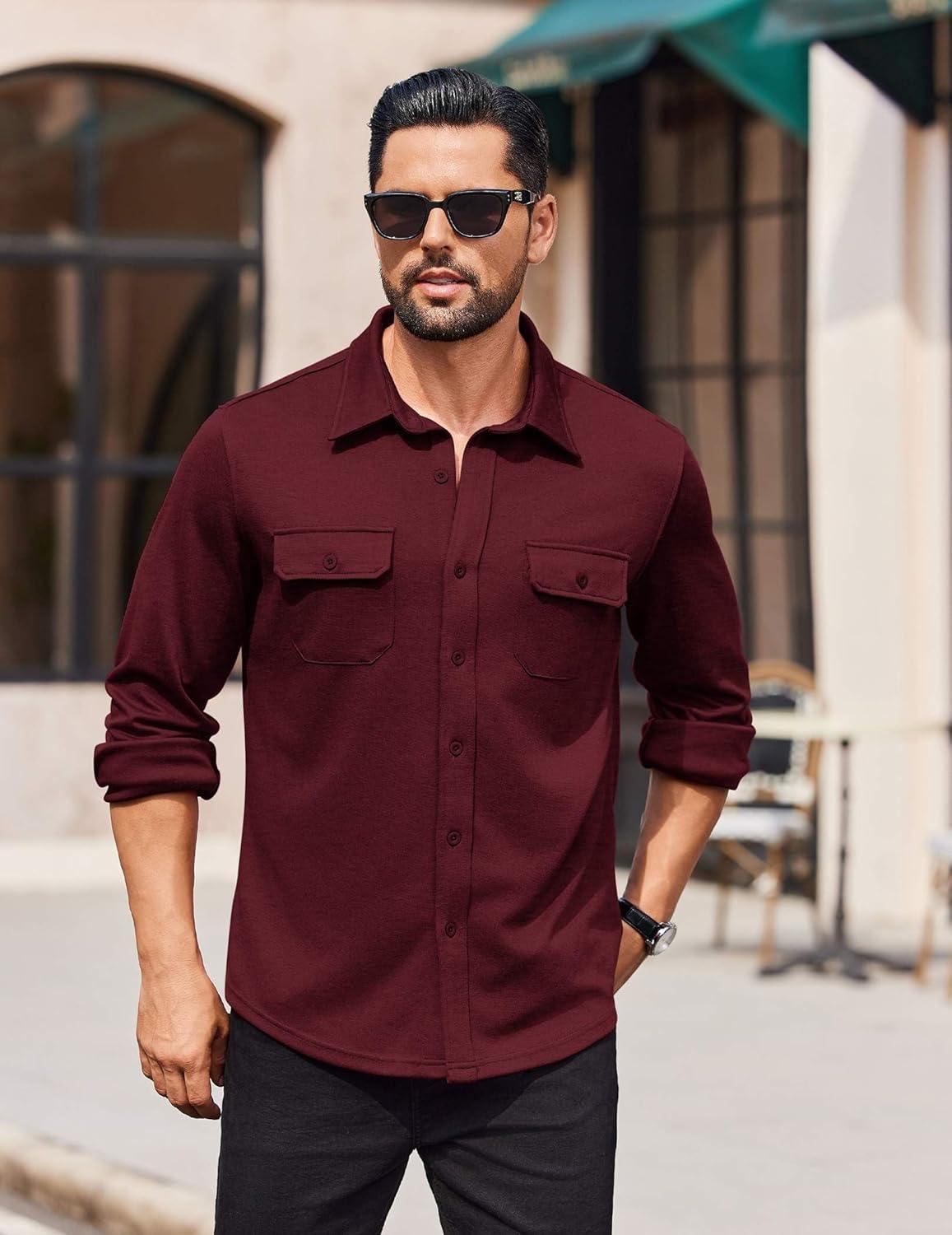 imageCOOFANDY Mens Long Sleeve Shirts Casual Button Down Shirt Wrinkle Free Dress Shirt with PocketWine Red