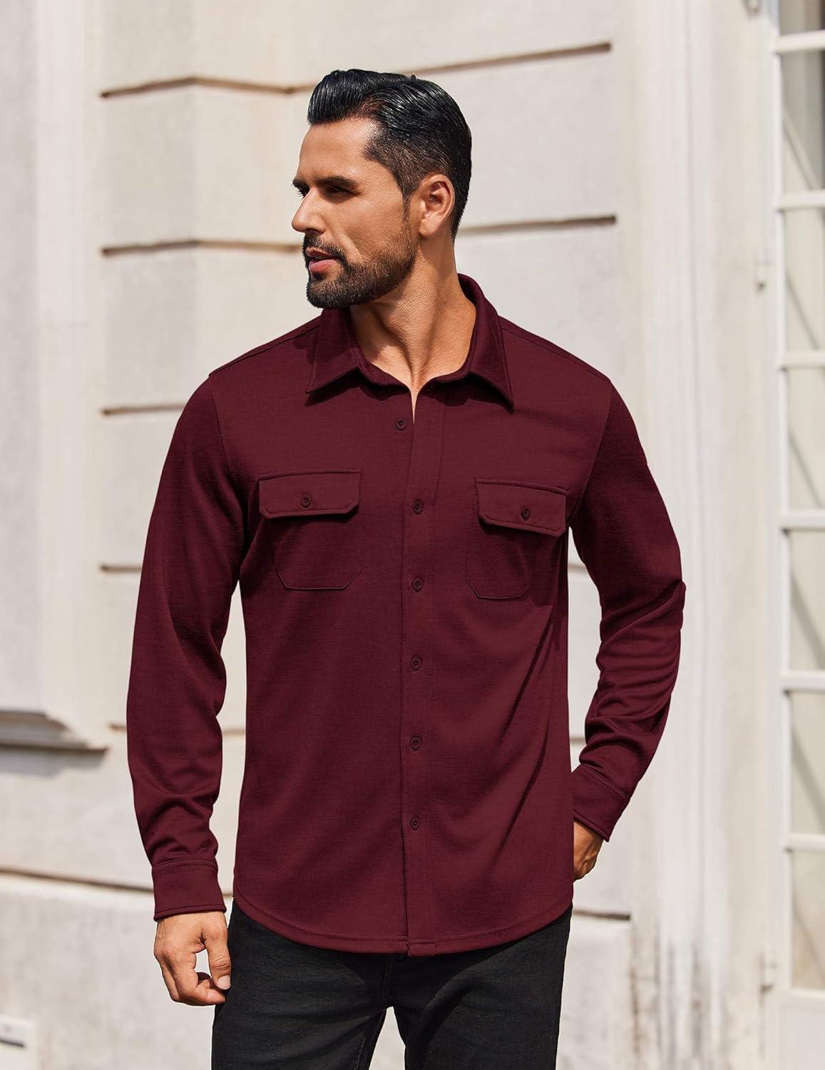 imageCOOFANDY Mens Long Sleeve Shirts Casual Button Down Shirt Wrinkle Free Dress Shirt with PocketWine Red