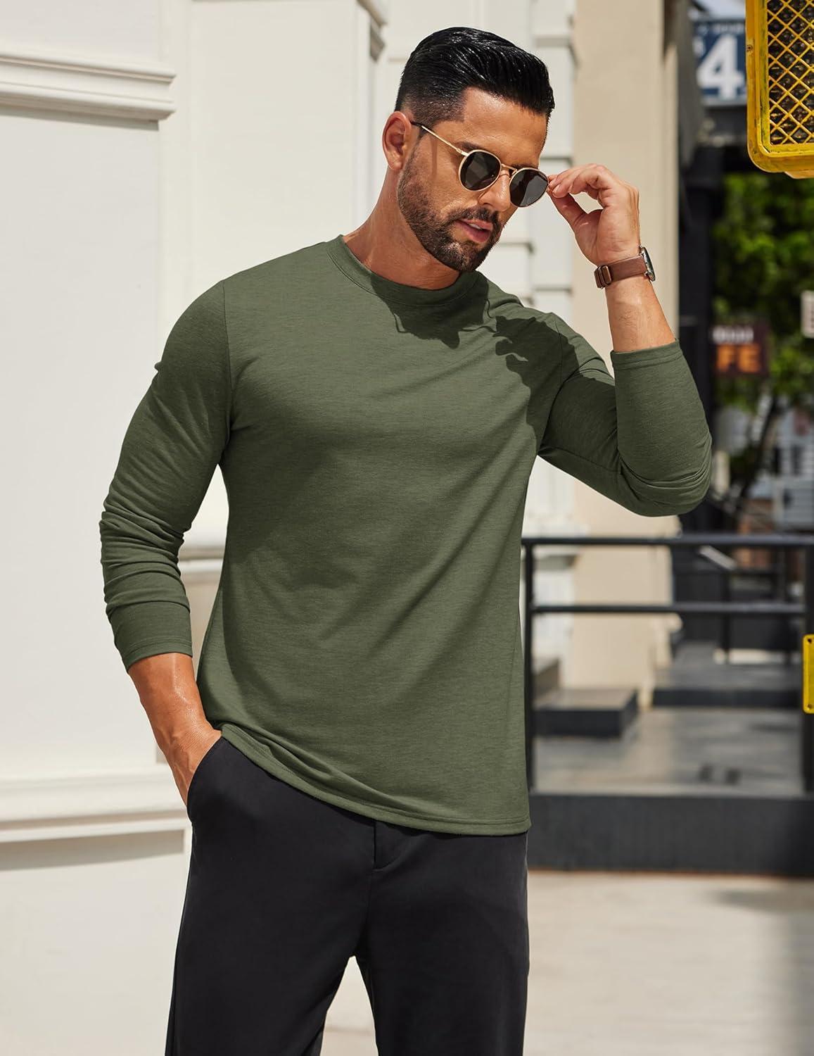 imageCOOFANDY Mens Long Sleeve T Shirts Crew Neck Casual Basic Tee Shirt Lightweight Pullover Shirts1 Packarmy Green