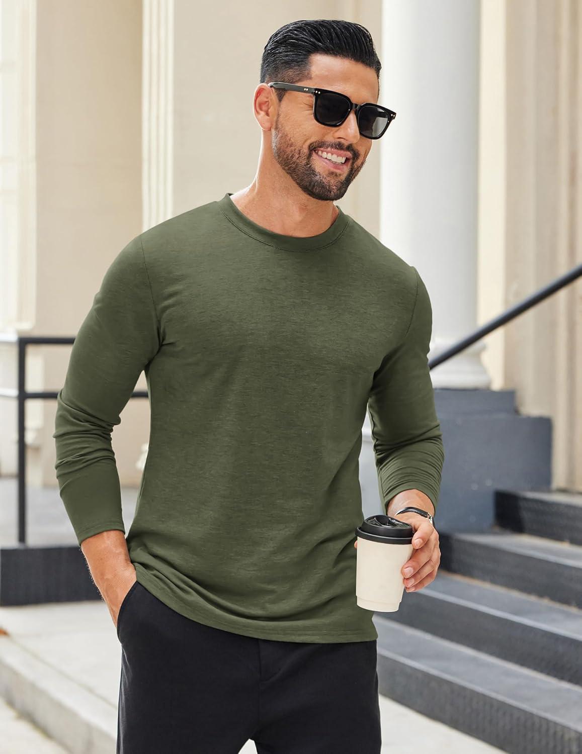 imageCOOFANDY Mens Long Sleeve T Shirts Crew Neck Casual Basic Tee Shirt Lightweight Pullover Shirts1 Packarmy Green