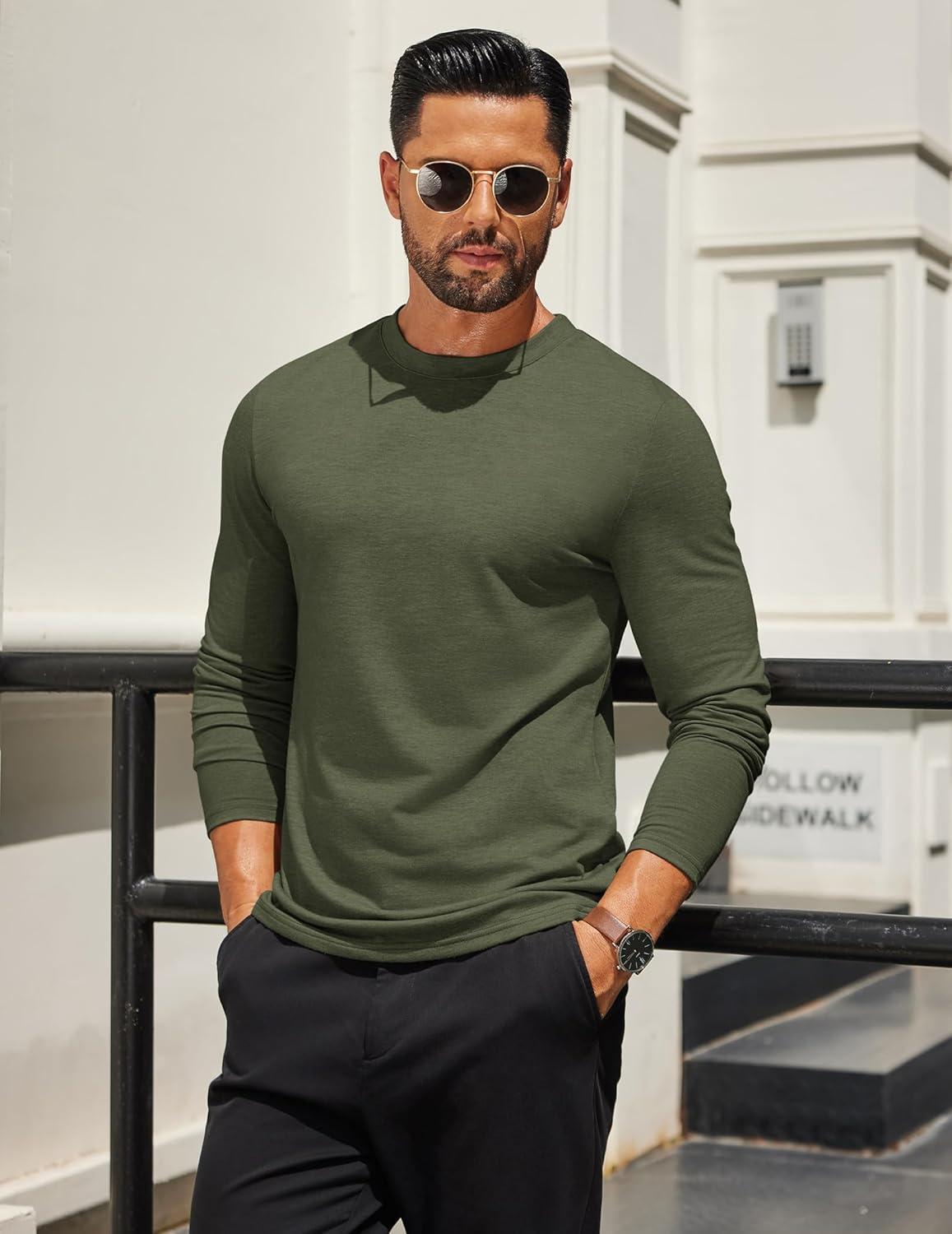 imageCOOFANDY Mens Long Sleeve T Shirts Crew Neck Casual Basic Tee Shirt Lightweight Pullover Shirts1 Packarmy Green