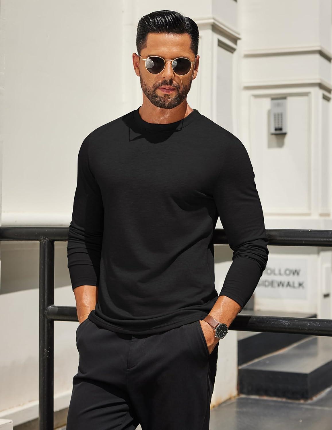 imageCOOFANDY Mens Long Sleeve T Shirts Crew Neck Casual Basic Tee Shirt Lightweight Pullover Shirts1 Packblack