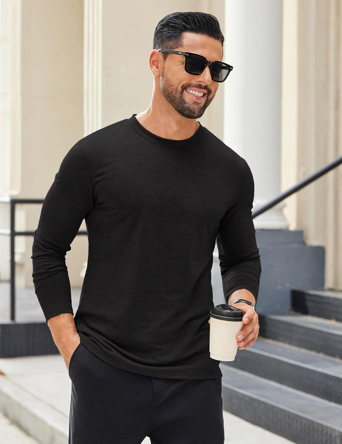imageCOOFANDY Mens Long Sleeve T Shirts Crew Neck Casual Basic Tee Shirt Lightweight Pullover Shirts1 Packblack