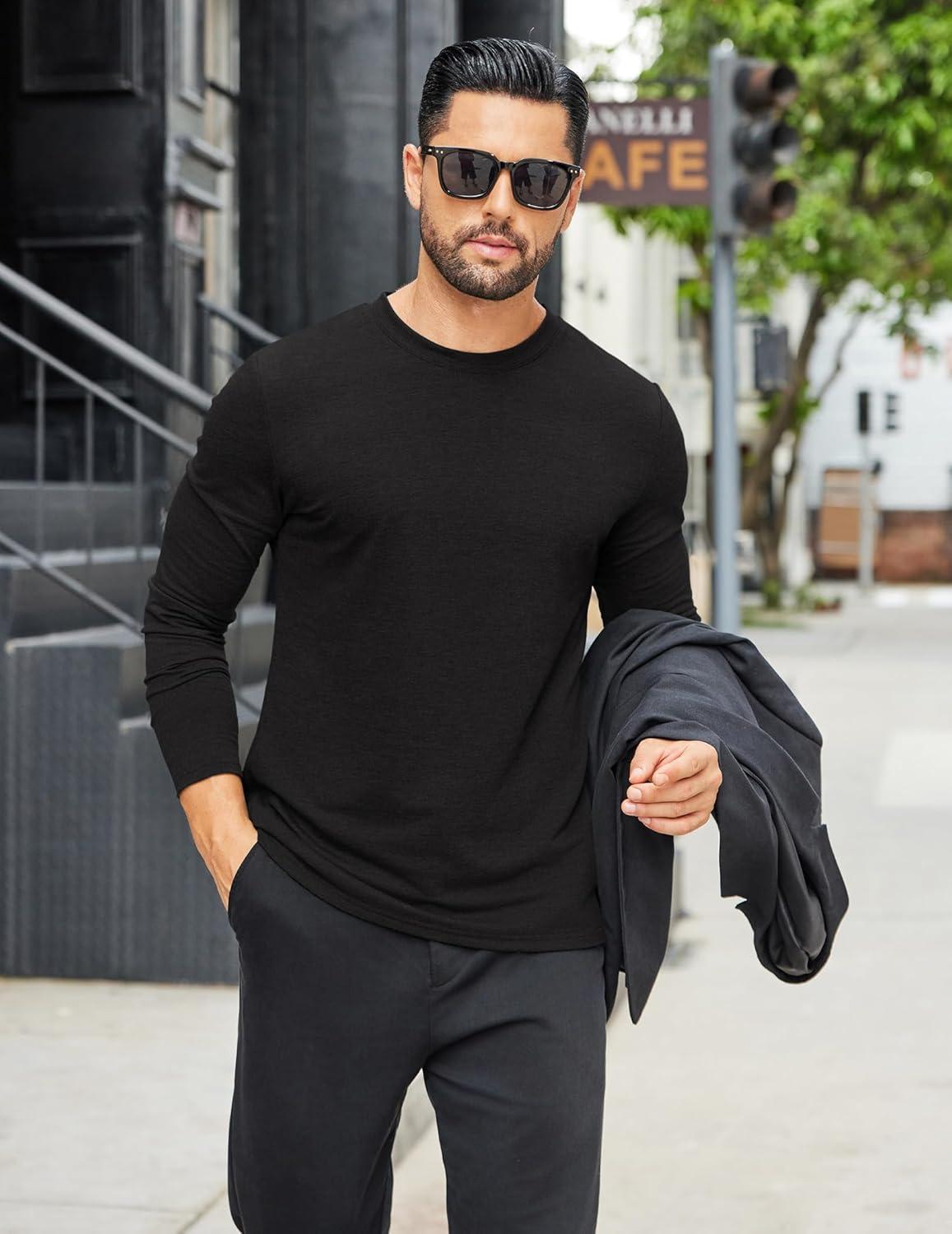 imageCOOFANDY Mens Long Sleeve T Shirts Crew Neck Casual Basic Tee Shirt Lightweight Pullover Shirts1 Packblack