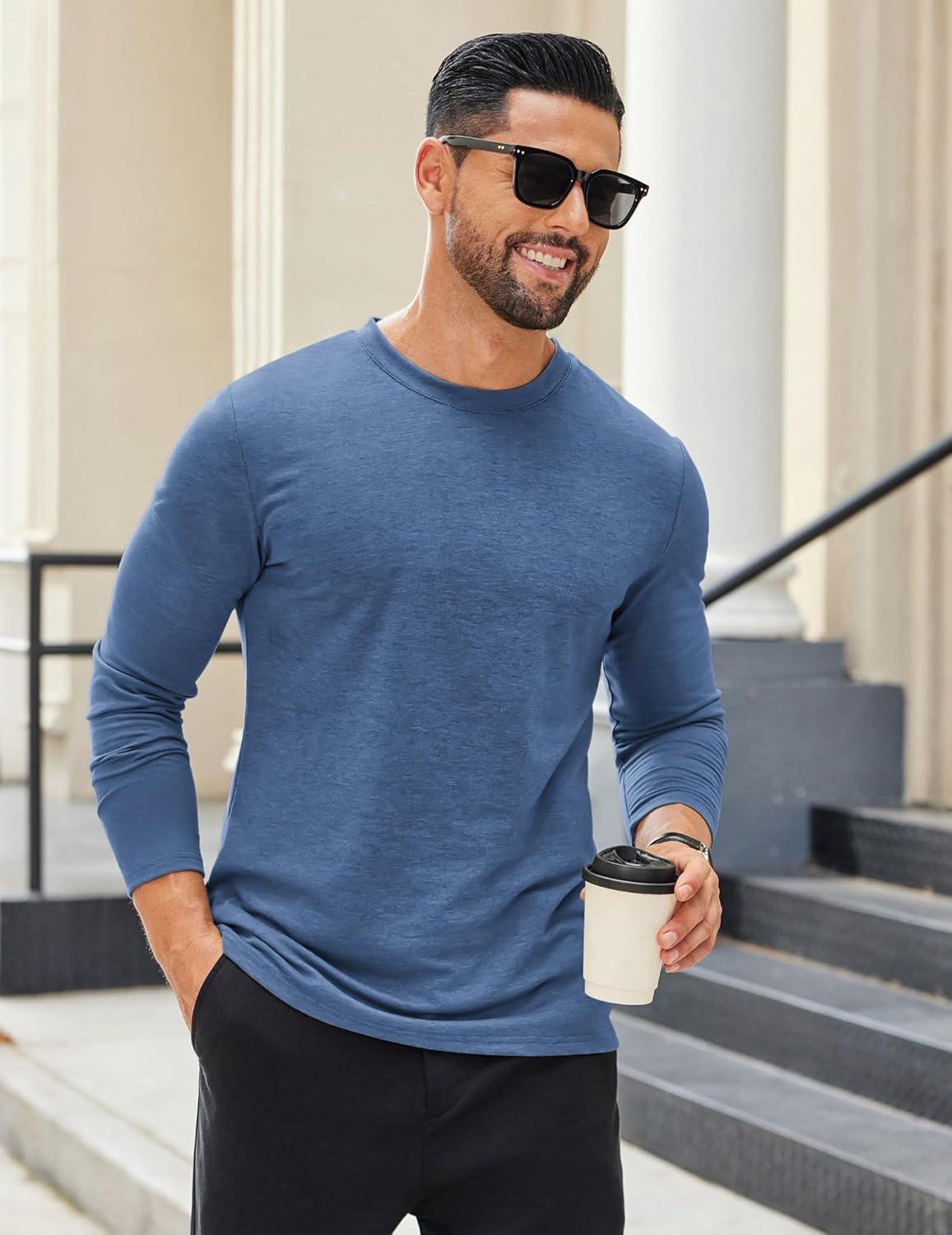 imageCOOFANDY Mens Long Sleeve T Shirts Crew Neck Casual Basic Tee Shirt Lightweight Pullover Shirts1 Packblue