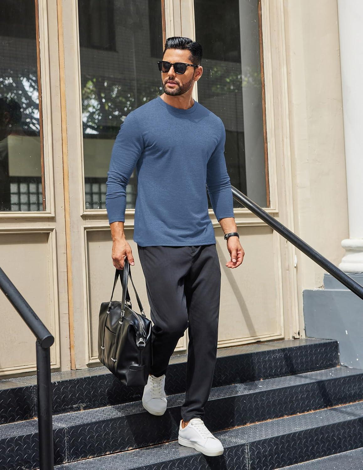 imageCOOFANDY Mens Long Sleeve T Shirts Crew Neck Casual Basic Tee Shirt Lightweight Pullover Shirts1 Packblue