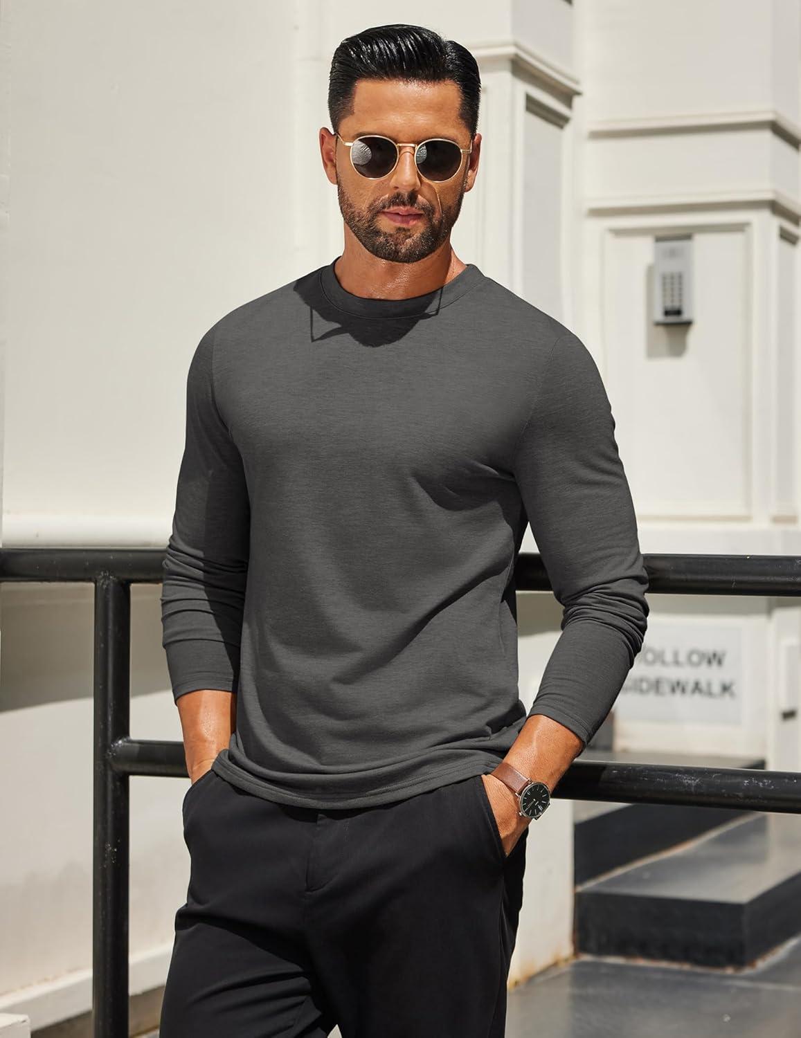 imageCOOFANDY Mens Long Sleeve T Shirts Crew Neck Casual Basic Tee Shirt Lightweight Pullover Shirts1 Packdark Gray