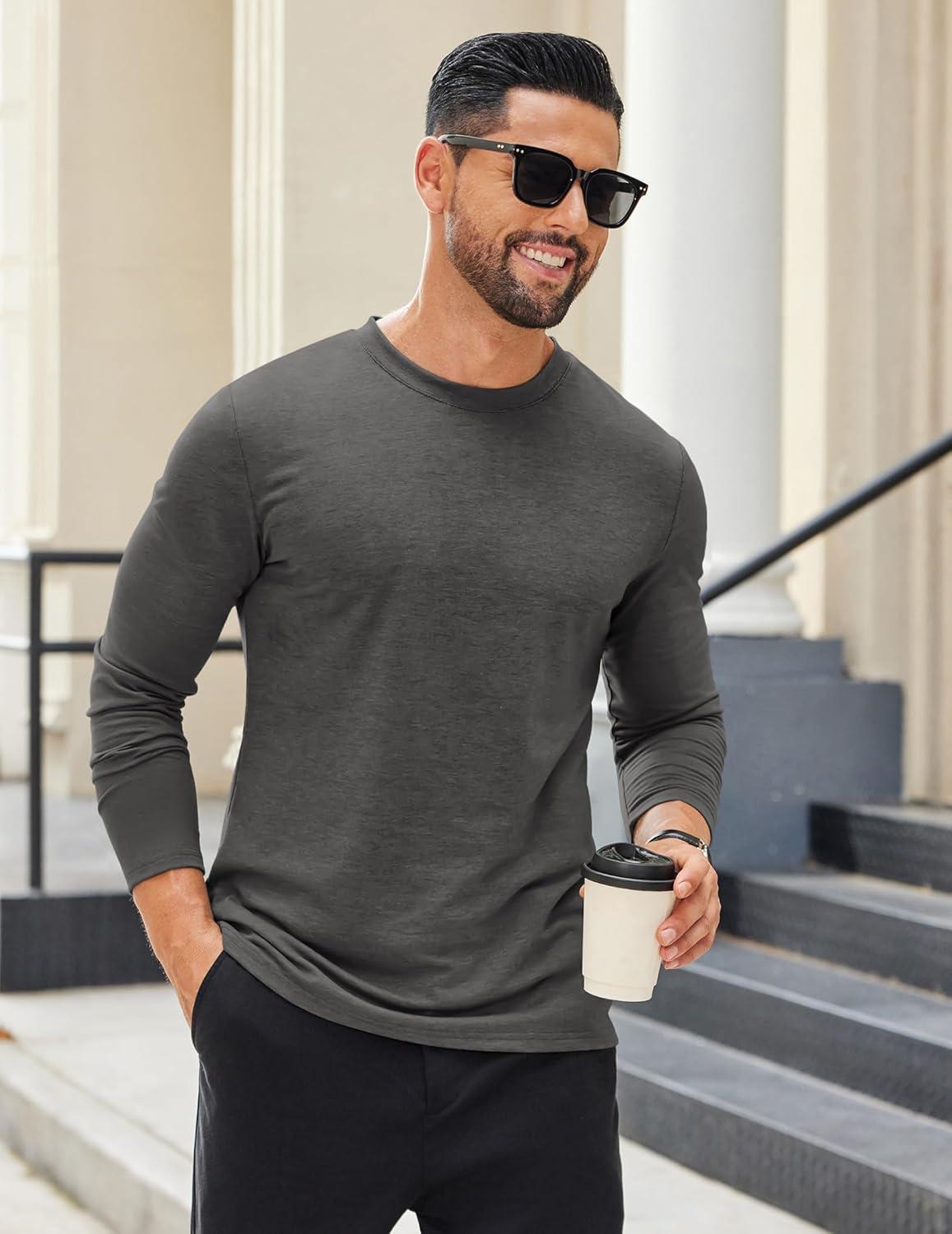 imageCOOFANDY Mens Long Sleeve T Shirts Crew Neck Casual Basic Tee Shirt Lightweight Pullover Shirts1 Packdark Gray