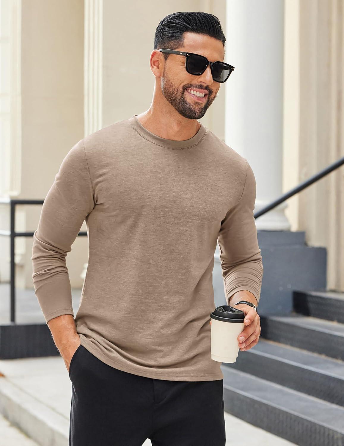 imageCOOFANDY Mens Long Sleeve T Shirts Crew Neck Casual Basic Tee Shirt Lightweight Pullover Shirts1 Packkhaki