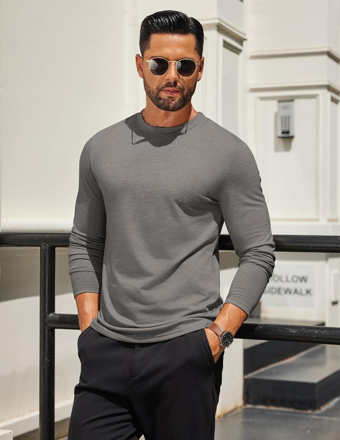 imageCOOFANDY Mens Long Sleeve T Shirts Crew Neck Casual Basic Tee Shirt Lightweight Pullover Shirts1 Packlight Gray
