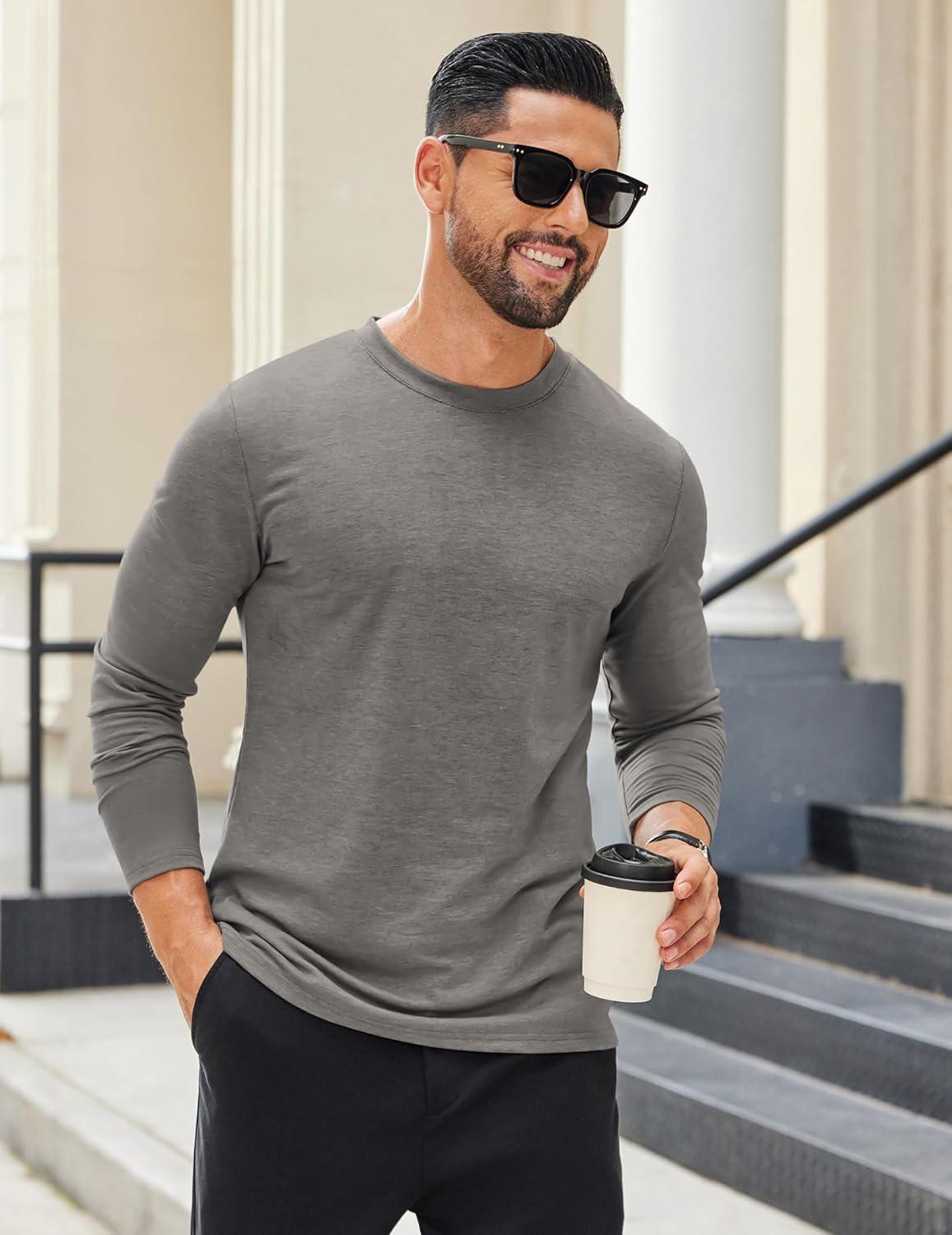 imageCOOFANDY Mens Long Sleeve T Shirts Crew Neck Casual Basic Tee Shirt Lightweight Pullover Shirts1 Packlight Gray