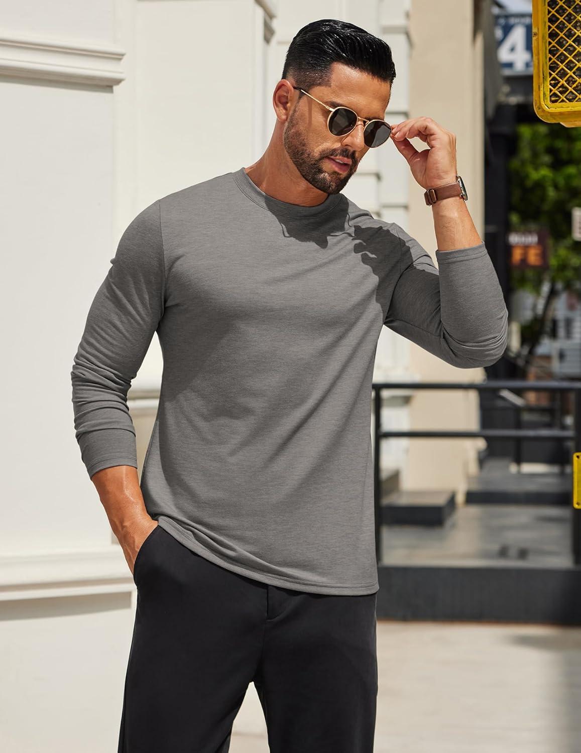 imageCOOFANDY Mens Long Sleeve T Shirts Crew Neck Casual Basic Tee Shirt Lightweight Pullover Shirts1 Packlight Gray