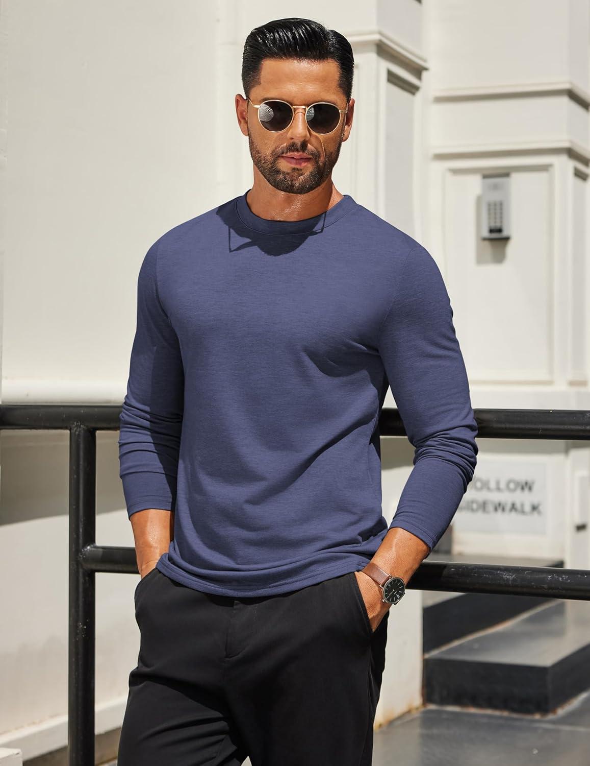 imageCOOFANDY Mens Long Sleeve T Shirts Crew Neck Casual Basic Tee Shirt Lightweight Pullover Shirts1 Packnavy Blue