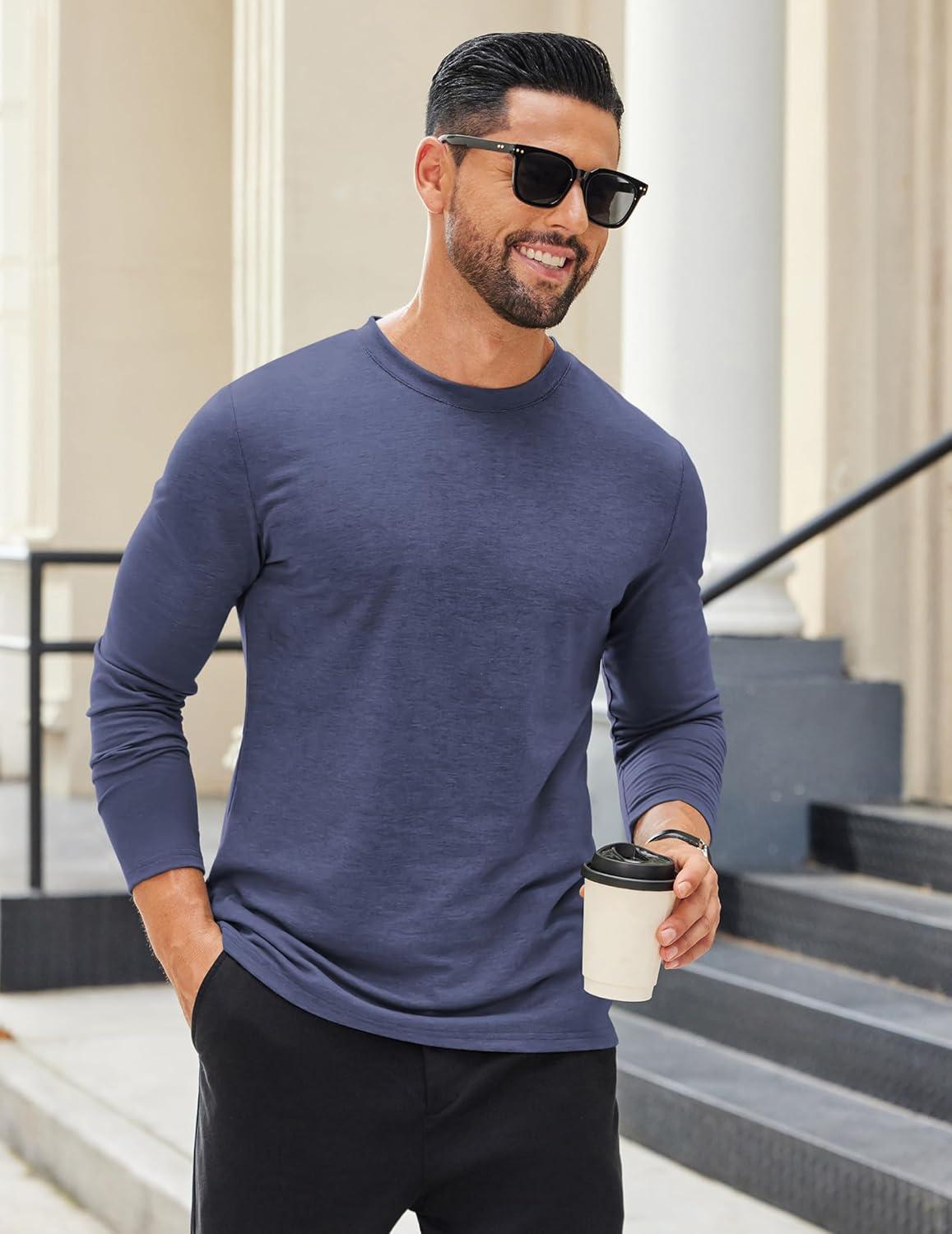 imageCOOFANDY Mens Long Sleeve T Shirts Crew Neck Casual Basic Tee Shirt Lightweight Pullover Shirts1 Packnavy Blue