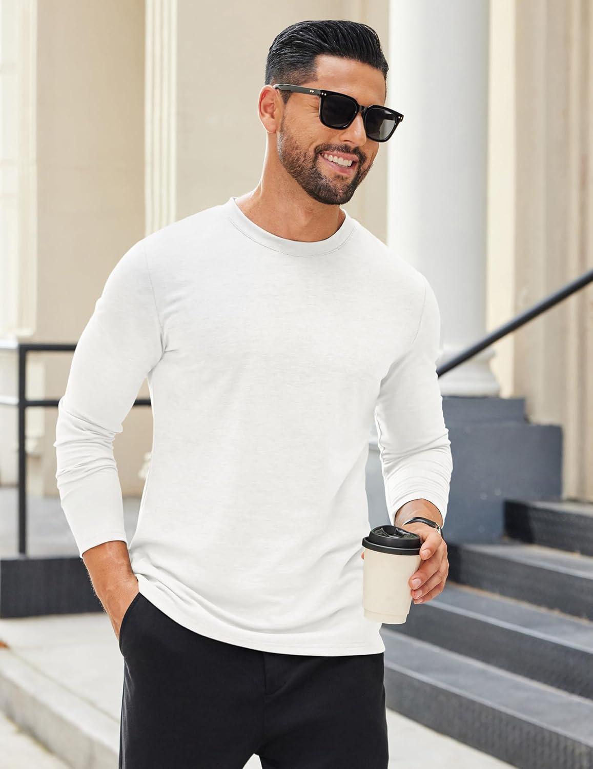 imageCOOFANDY Mens Long Sleeve T Shirts Crew Neck Casual Basic Tee Shirt Lightweight Pullover Shirts1 Packwhite