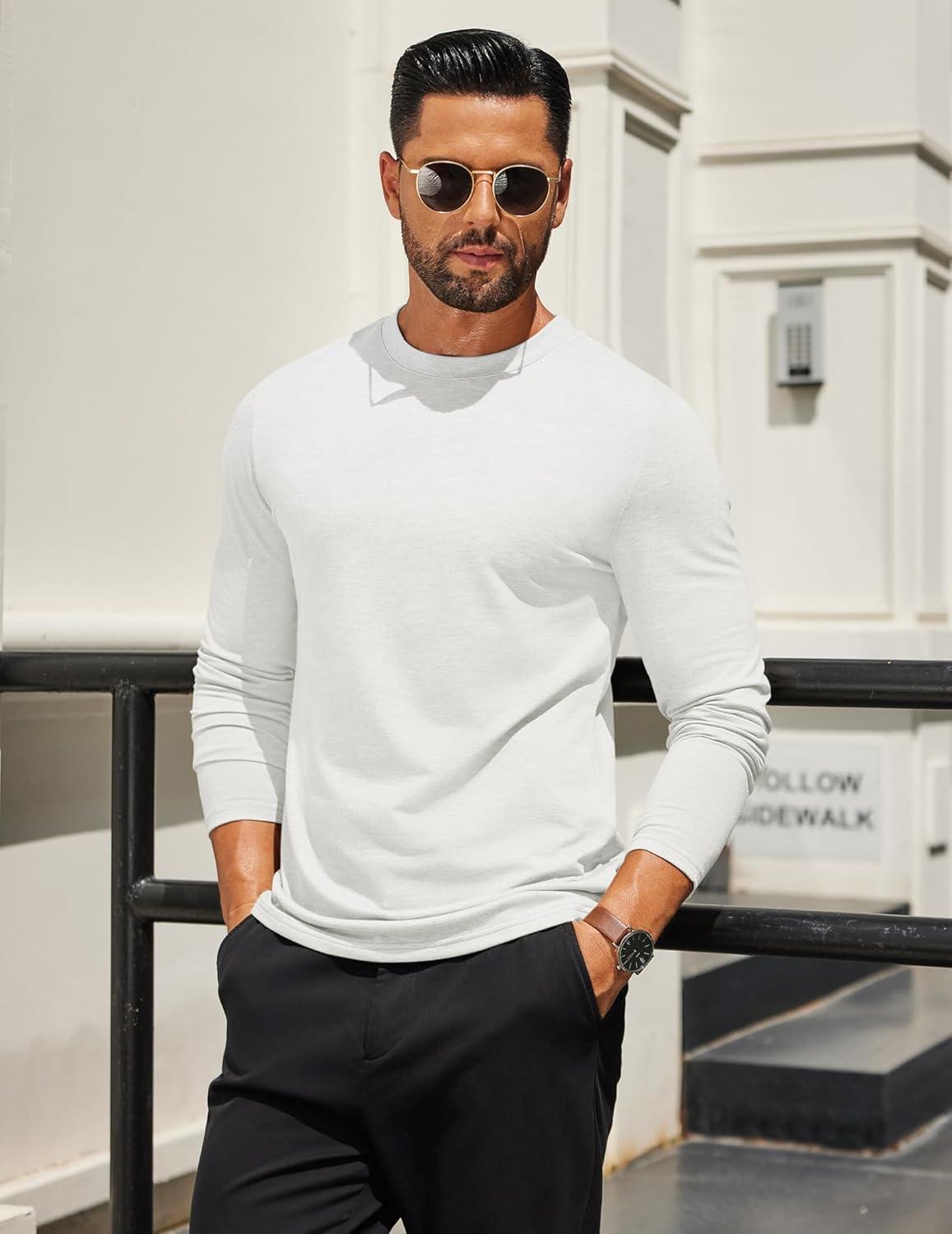imageCOOFANDY Mens Long Sleeve T Shirts Crew Neck Casual Basic Tee Shirt Lightweight Pullover Shirts1 Packwhite