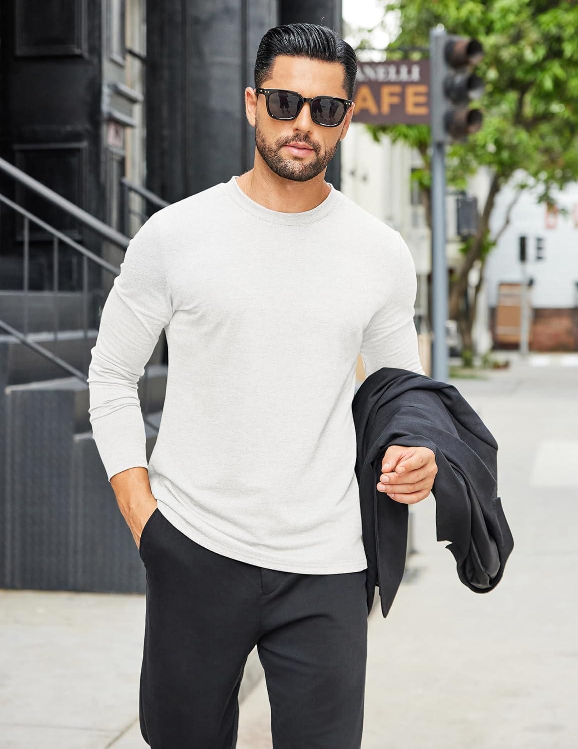 imageCOOFANDY Mens Long Sleeve T Shirts Crew Neck Casual Basic Tee Shirt Lightweight Pullover Shirts1 Packwhite
