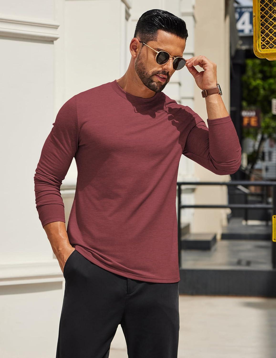 imageCOOFANDY Mens Long Sleeve T Shirts Crew Neck Casual Basic Tee Shirt Lightweight Pullover Shirts1 Packwine Red