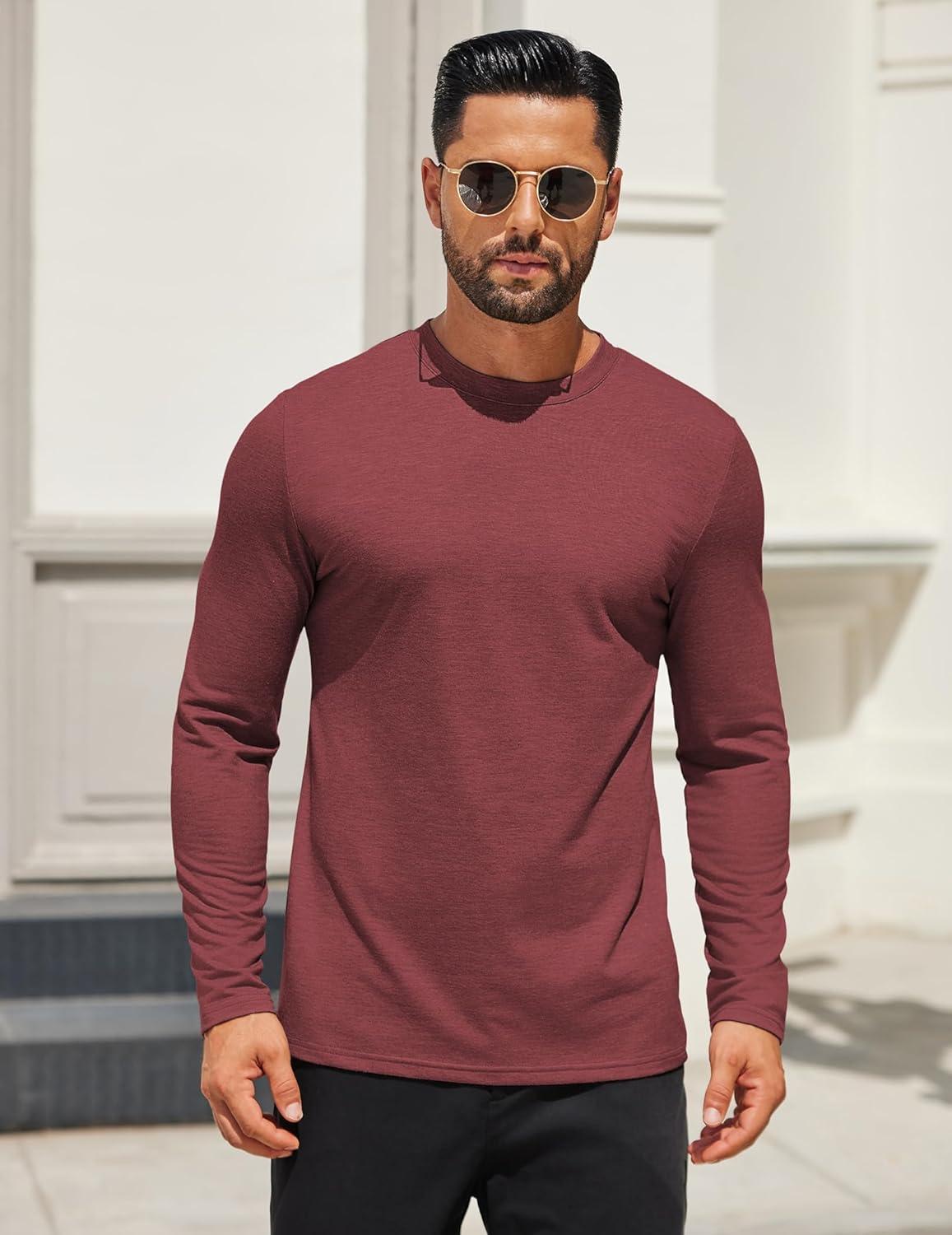 imageCOOFANDY Mens Long Sleeve T Shirts Crew Neck Casual Basic Tee Shirt Lightweight Pullover Shirts1 Packwine Red