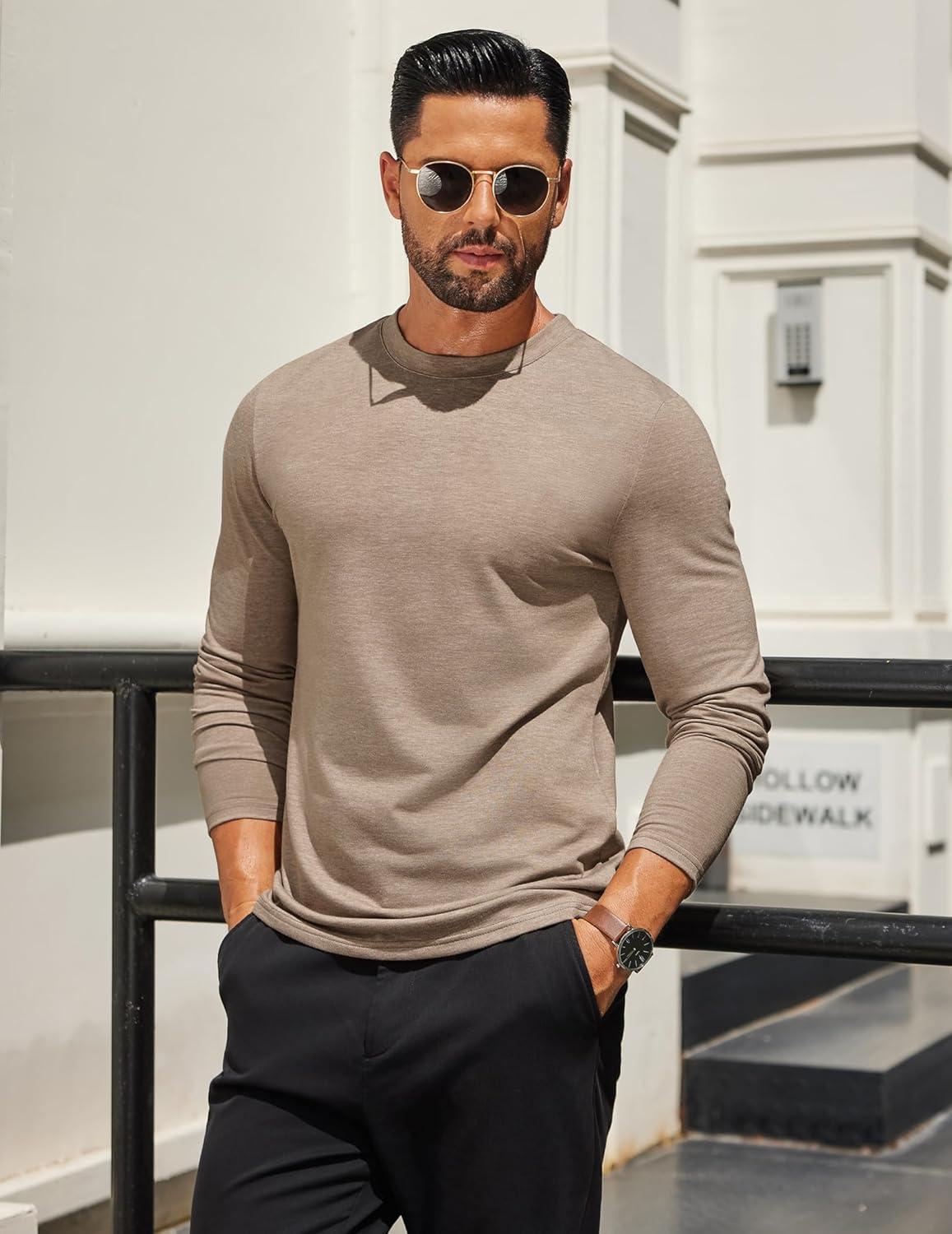 imageCOOFANDY Mens Long Sleeve T Shirts Crew Neck Casual Basic Tee Shirt Lightweight Pullover Shirts3 PackblackDark GrayKhaki