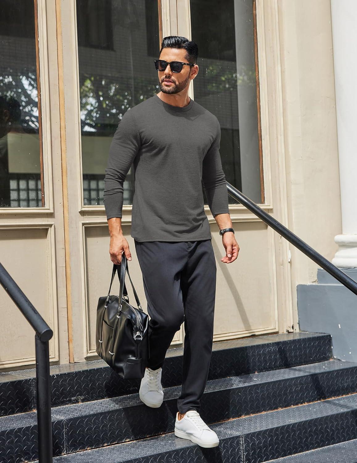imageCOOFANDY Mens Long Sleeve T Shirts Crew Neck Casual Basic Tee Shirt Lightweight Pullover Shirts3 PackblackDark GrayWine Red