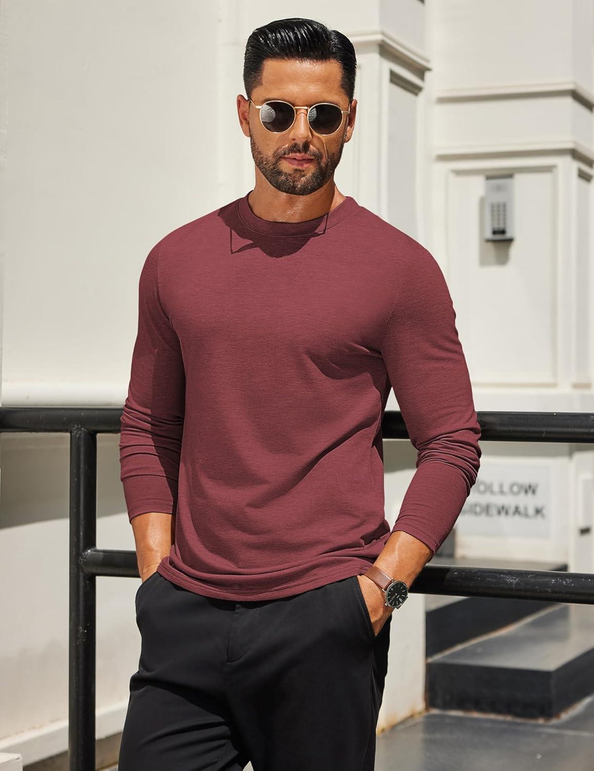 imageCOOFANDY Mens Long Sleeve T Shirts Crew Neck Casual Basic Tee Shirt Lightweight Pullover Shirts3 PackblackDark GrayWine Red