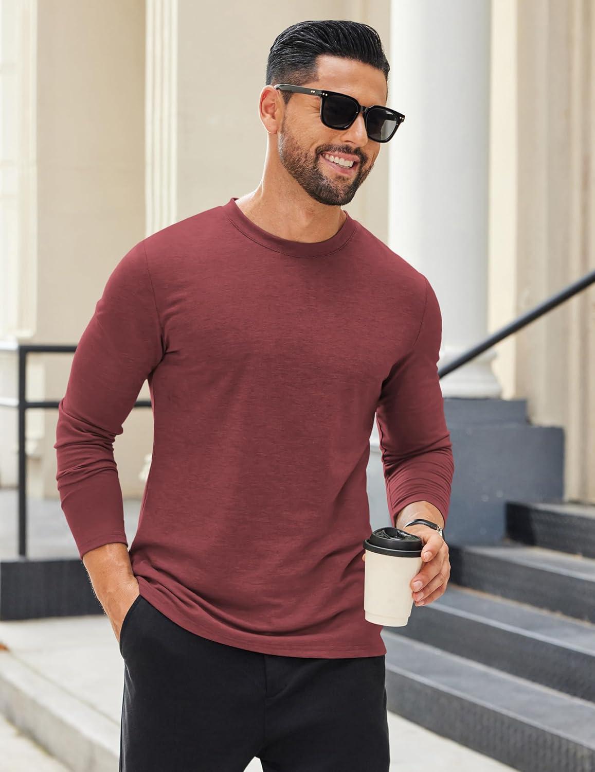 imageCOOFANDY Mens Long Sleeve T Shirts Crew Neck Casual Basic Tee Shirt Lightweight Pullover Shirts3 PackblackDark GrayWine Red