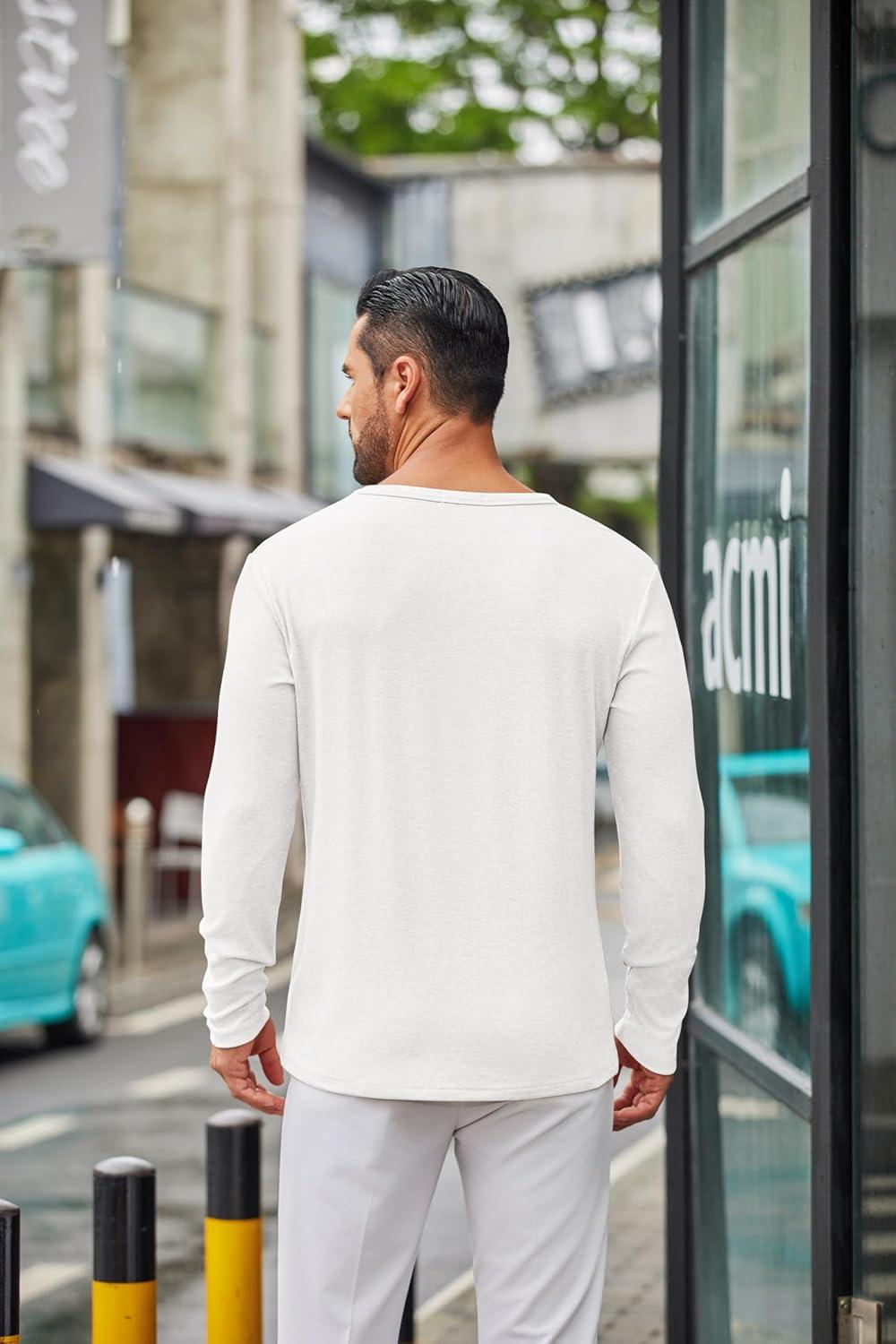 imageCOOFANDY Mens Long Sleeve Tee Shirts Crew Neck T Shirt Solid Casual Basic Tees Soft Stretch TShirtsAll White